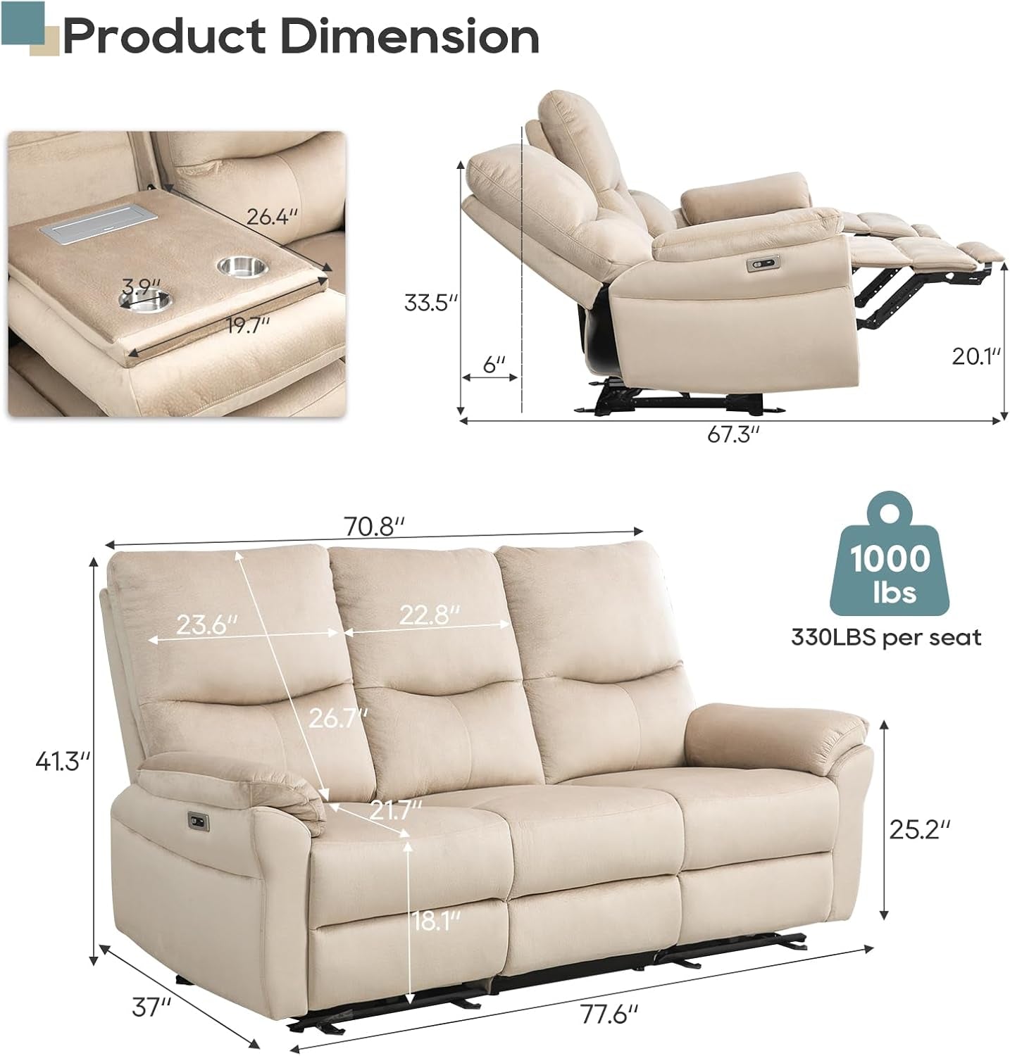 Reclining Sofa, Power Reclining Sofa with Drop down Table,Cup Holder and USB Port, Modern 3 Seater Loveseat Recliner Sofa, Wall Hugger Sofa Recliner for Living Room/Rv (Beige)-1