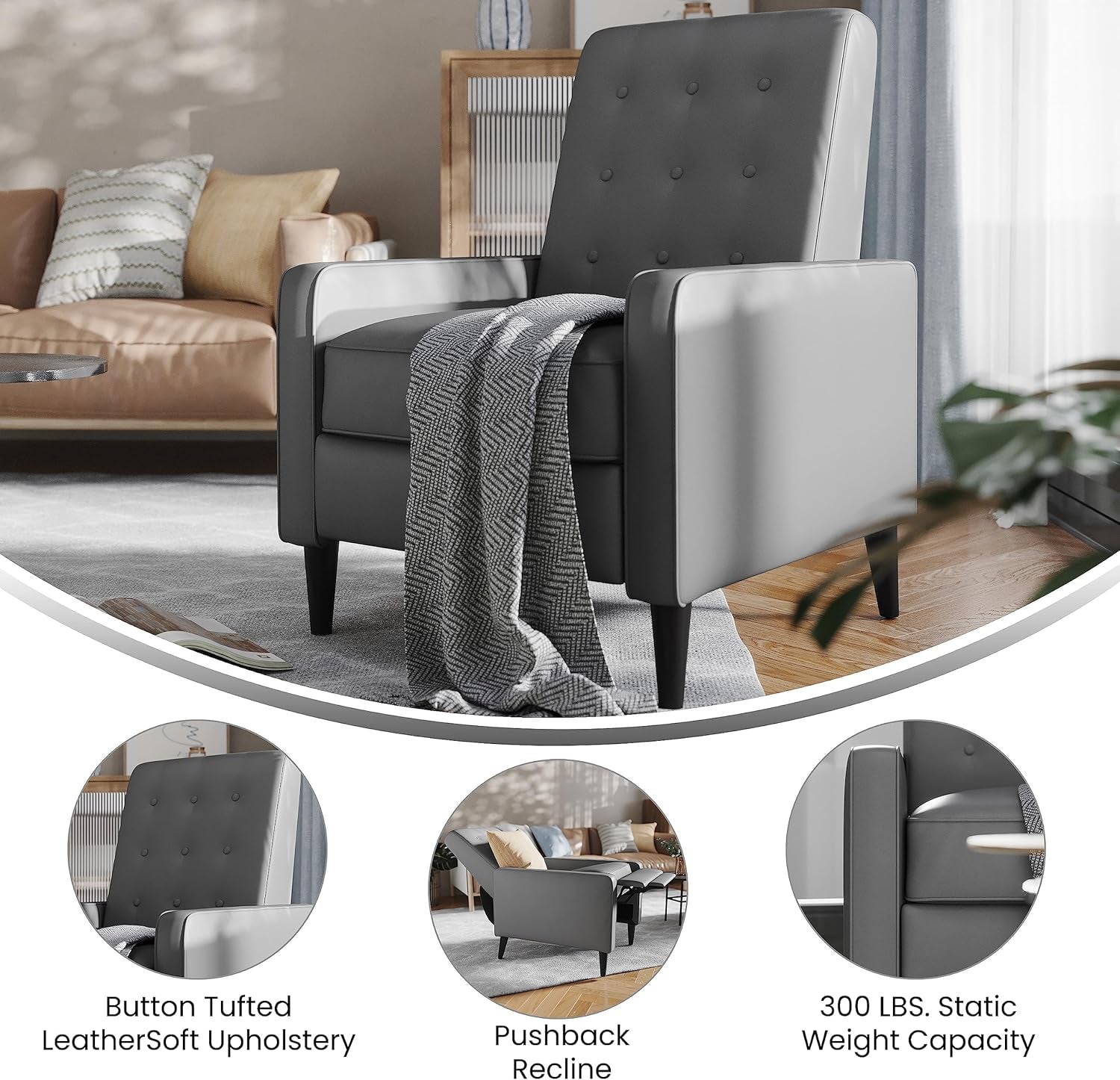 Ezra Pushback Recliner - Mid-Century Modern Light Gray Leathersoft Upholstery - Button Tufted Back - Residential & Commercial Use-3