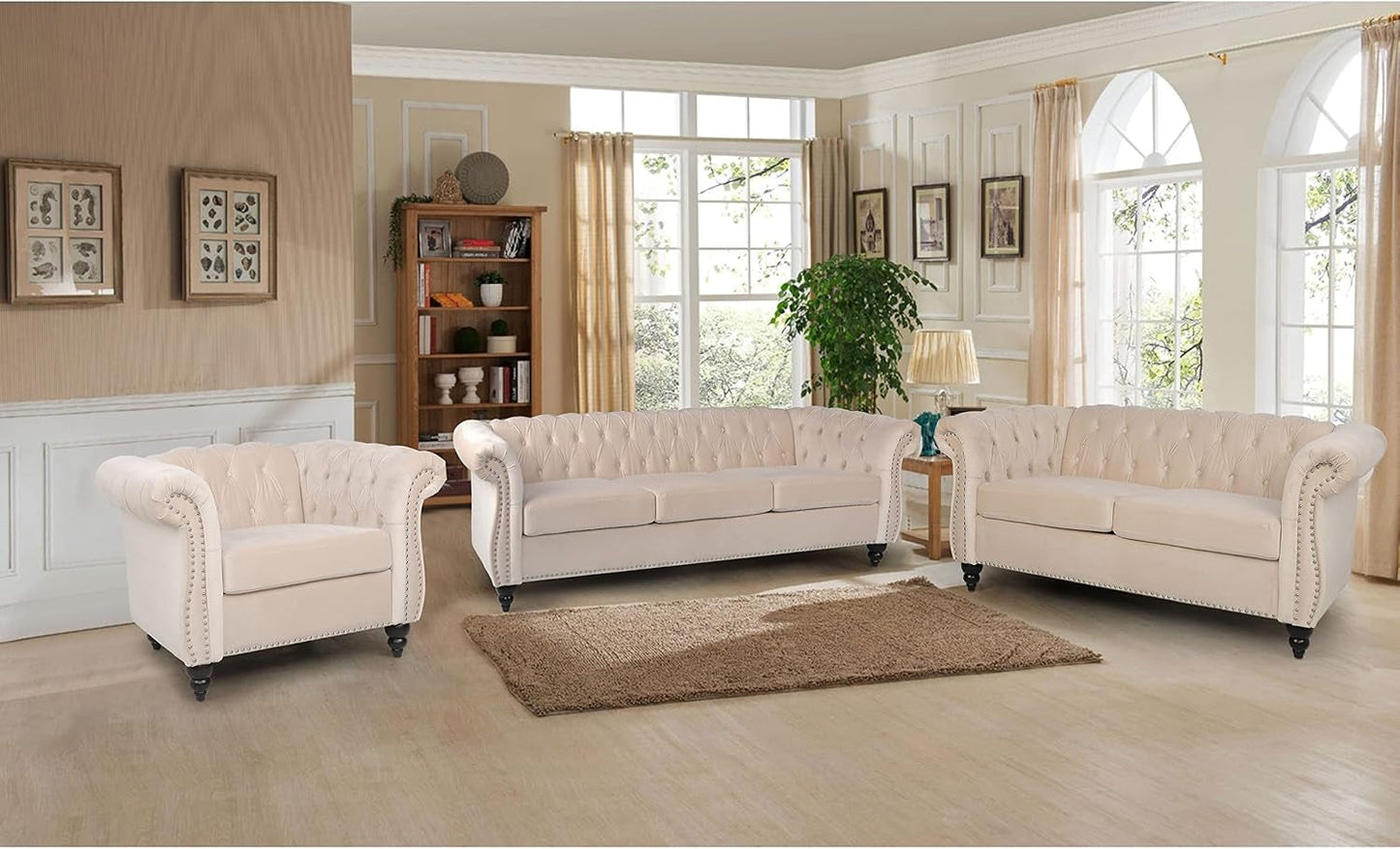 3 Pieces of Living Room Furniture Sofa Sets, Modern Velvet Chesterfield Sofa&Chesterfield Club Chair&Chesterfield Loveseat Sofas Set with Nailhead Trims Scroll Arms for Living Room (Beige)-0