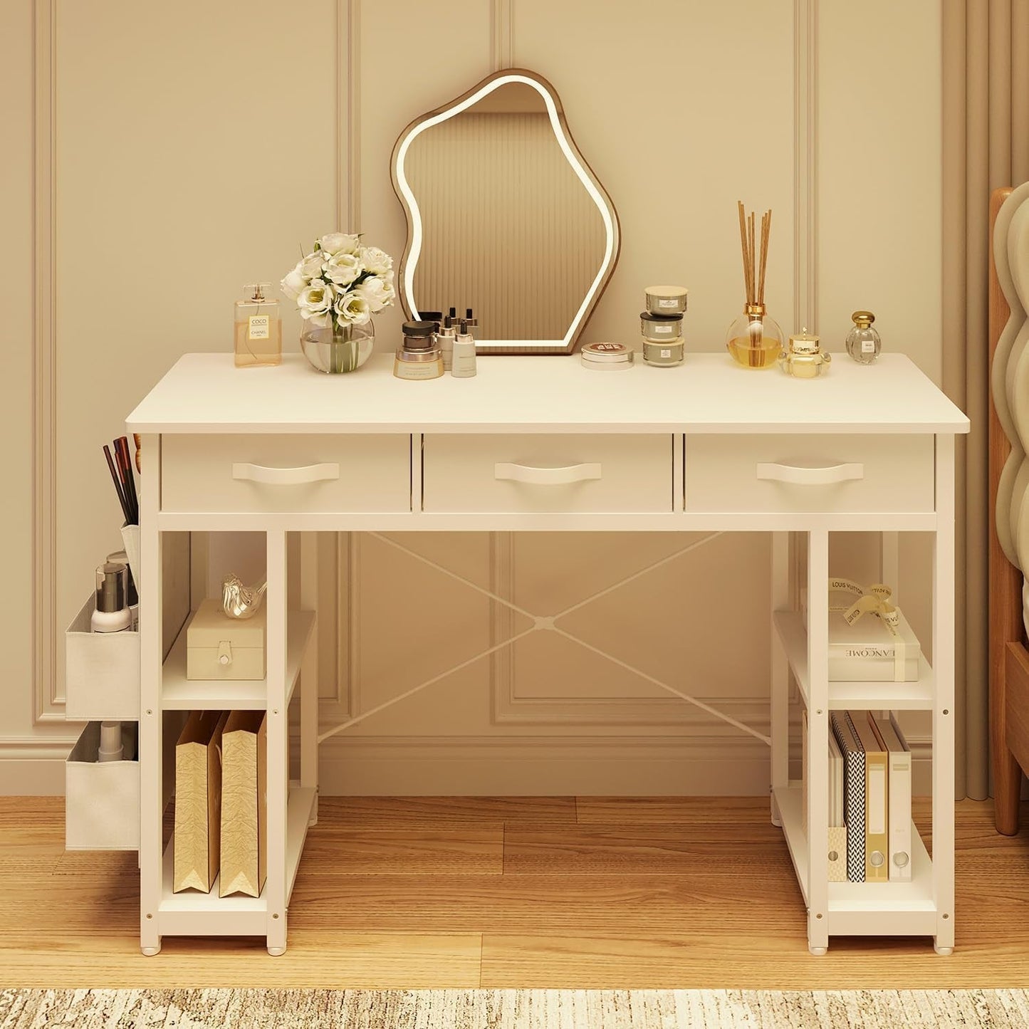 White Vanity Desk, Computer and Study Desk with Fabric Drawers & Side Storage Bag, No Mirror. Makeup Vanity Table, Home Office Desk, Modern Writing Desk, 48"X16".-0