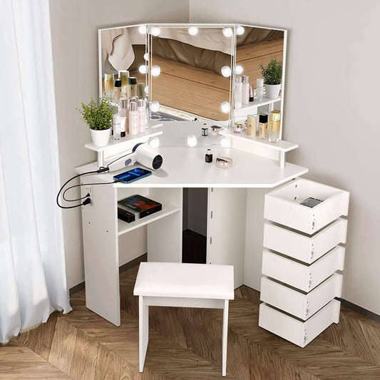 Corner Vanity Desk with Lights and Drawers-0