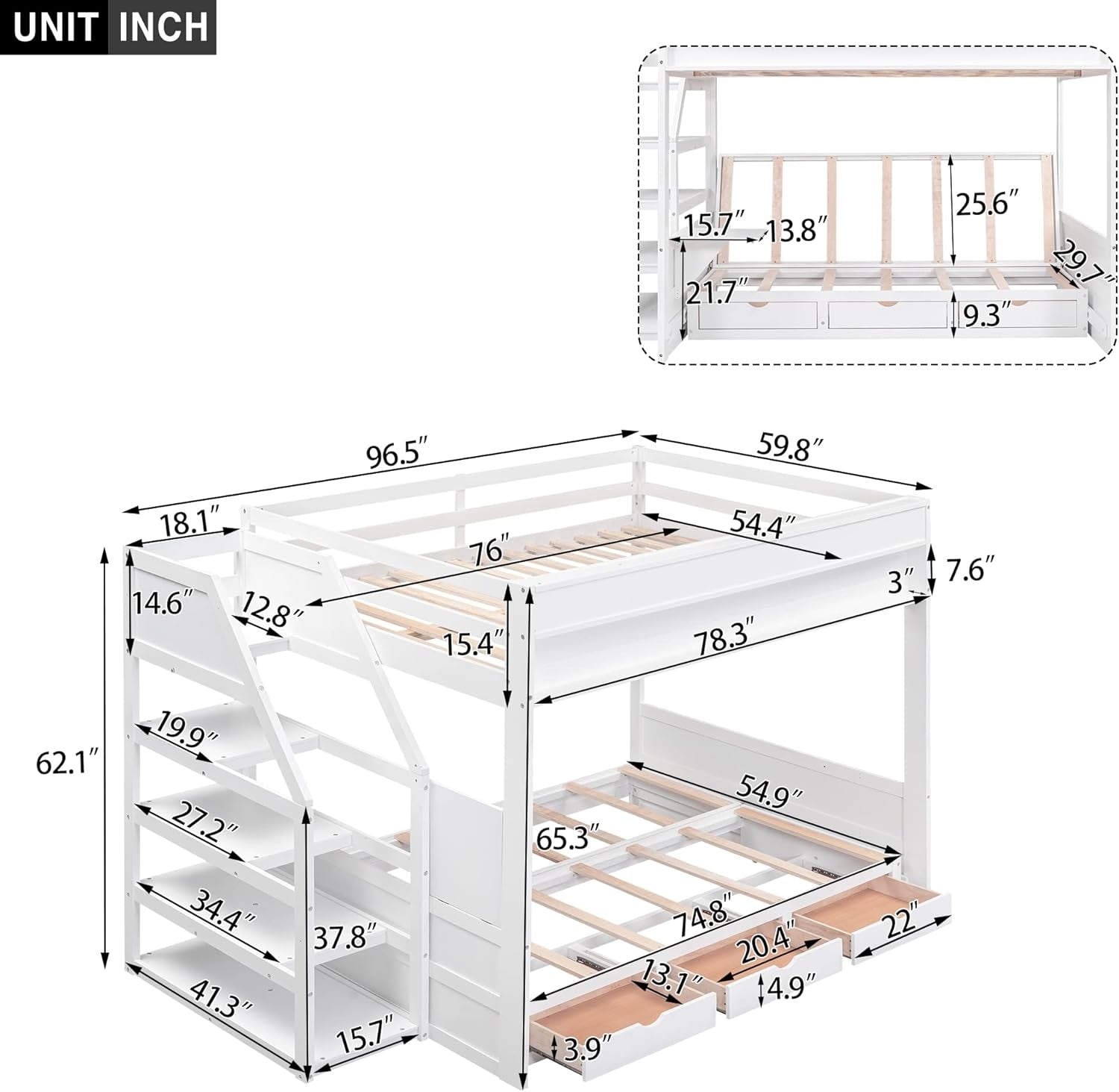 Full over Full/Futon Bunk Beds with Stairs and 3 Drawers, Built-In Shelf, Bottom Bed Can Be Converted into Daybed, Solid Wood Bunk Bed Frame (White)-1