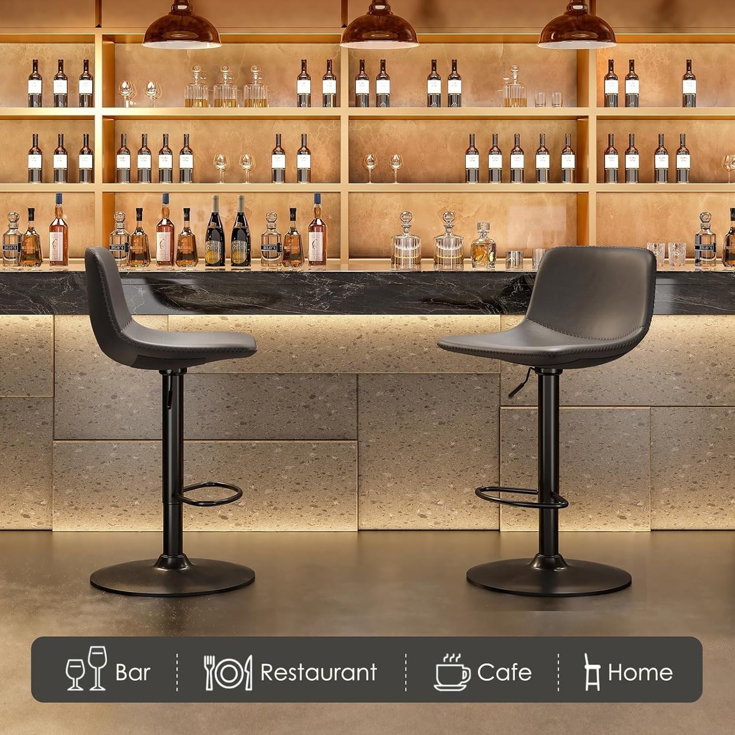 Adjustable Bar Stools Set of 2, Mid Century Modern Swivel Bar Stools, Industrial Bar Height Stools with Back Support Counter Height Bar Chairs Pu Leather Bar Stool for Kitchen Island Rustic Barstools-2