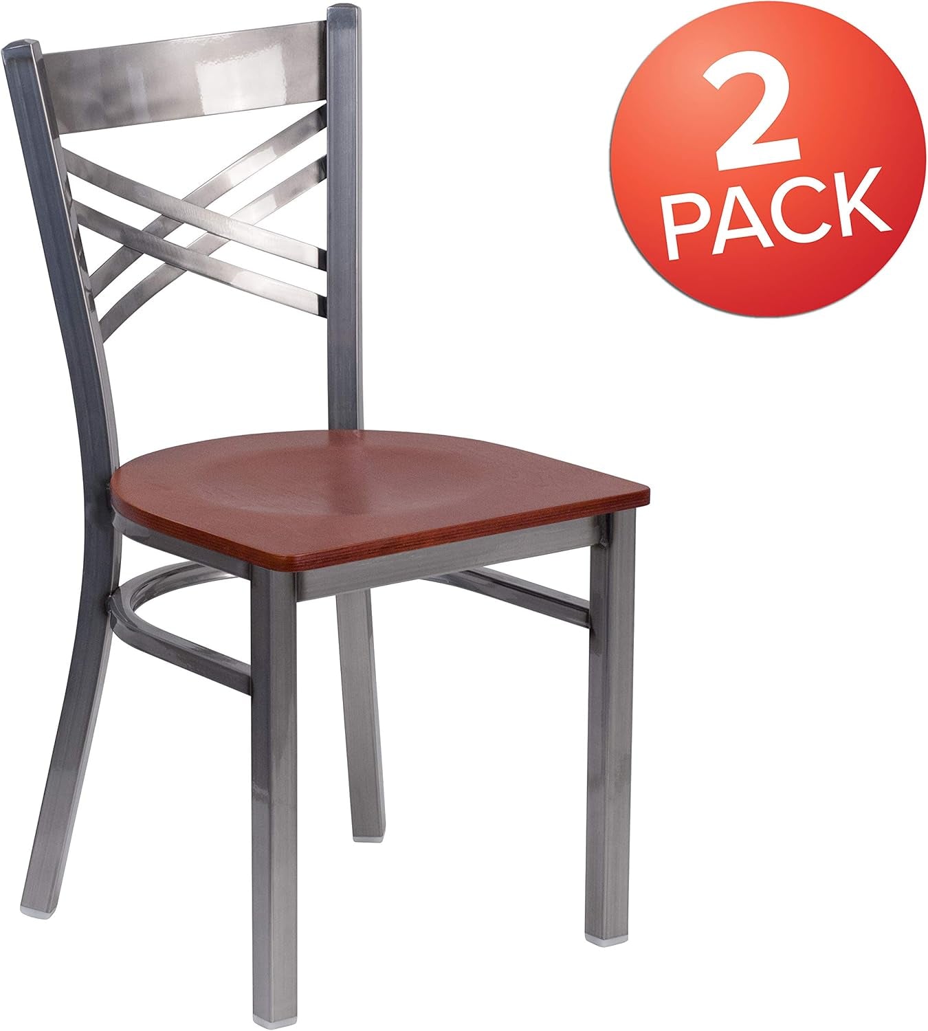 2 Pk. HERCULES Series Clear Coated ''X'' Back Metal Restaurant Chair - Cherry Wood Seat-2