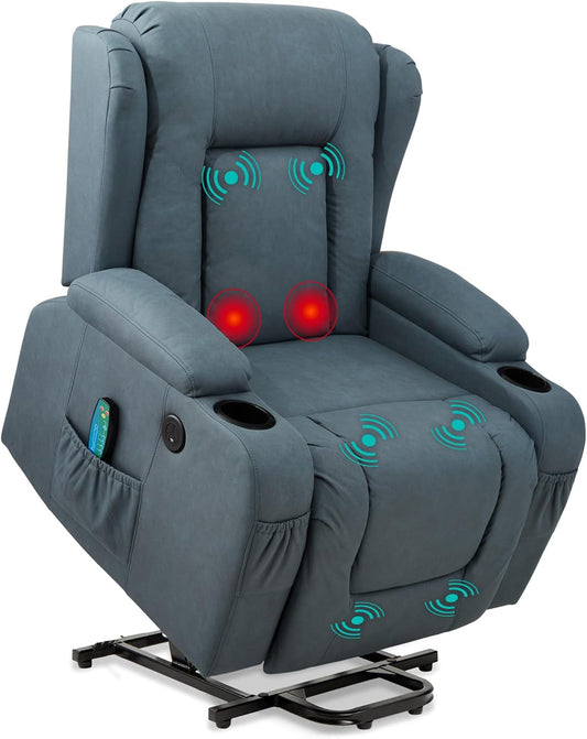 PU Leather Electric Power Lift Chair, Recliner Massage Chair, Adjustable Furniture for Back, Legs W/ 3 Positions, USB Port, Heat, Cupholders, Easy-To-Reach Side Button - Blue-0
