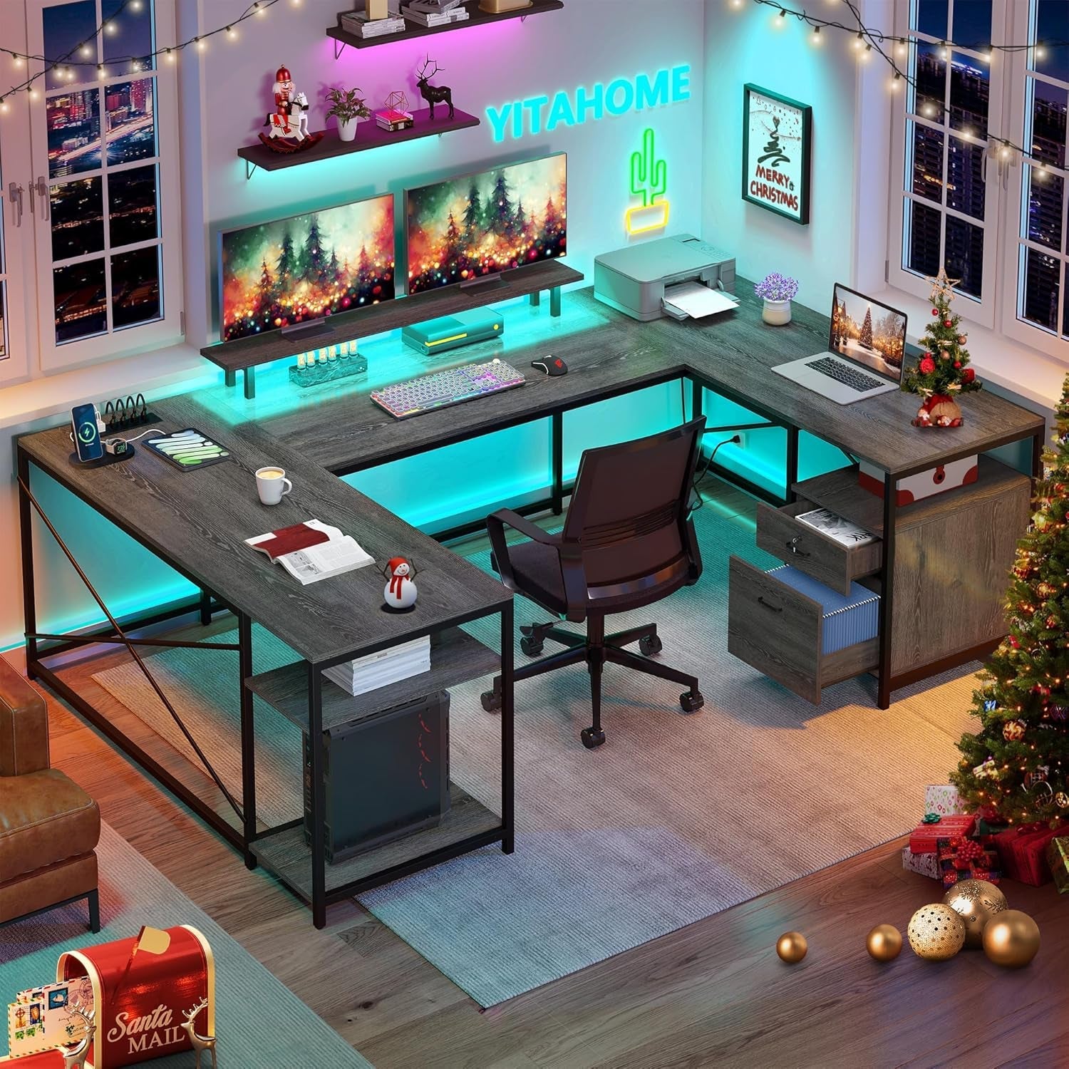 U Shaped Desk with Power Outlets & LED Lights, 79" Reversible L Shaped Desk with Drawers, Corner Computer Desk Office Desk with Monitor Stand & Storage Shelves, Grey-0