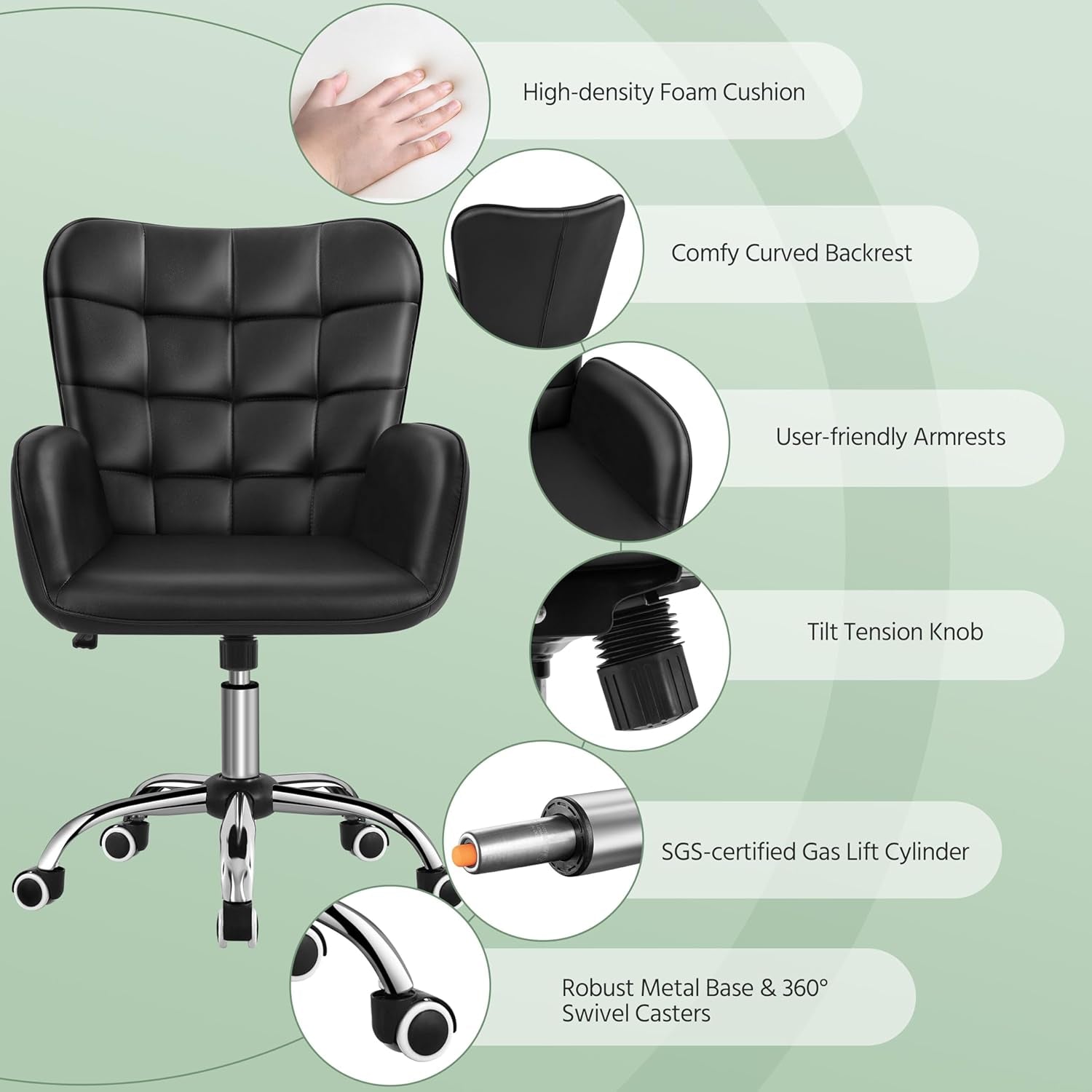 Faux Leather Office Chair Modern Vanity Chair Ergonomic Adjustable Computer Chair with Wide Seat, Padded Armrests for Living Room, Bedroom Black-4
