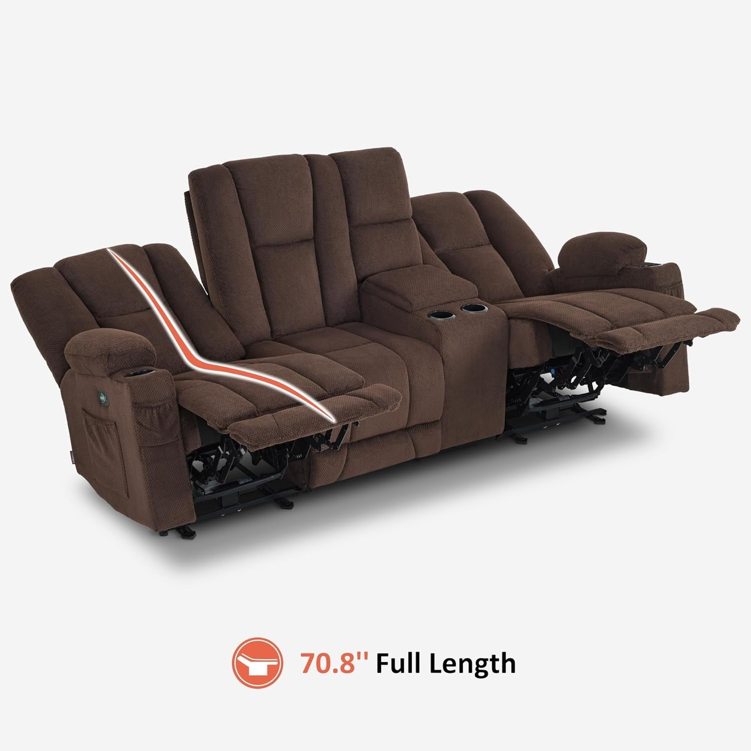 Power Reclining Sofa with Heat and Vibration,Usb Ports, Cup Holders,3-Seat Dual Recliner Sofa with Console for Living Room 6035 (Brown)-4