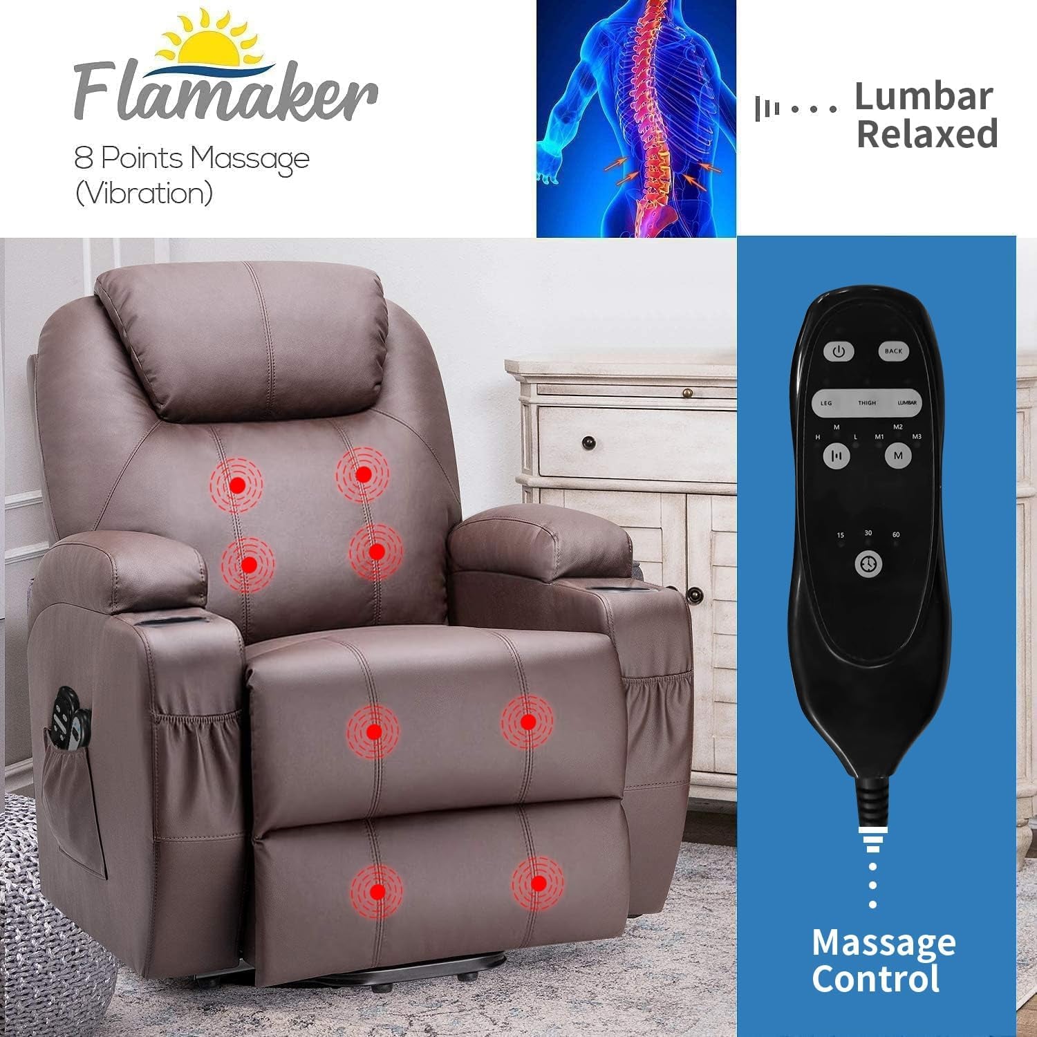 Power Lift Recliner Chair PU Leather with Massage for Elderly Ergonomic Lounge Chair Classic Single Sofa with 2 Cup Holders Side Pockets Home Theater Seat (Leather, Brown)-3