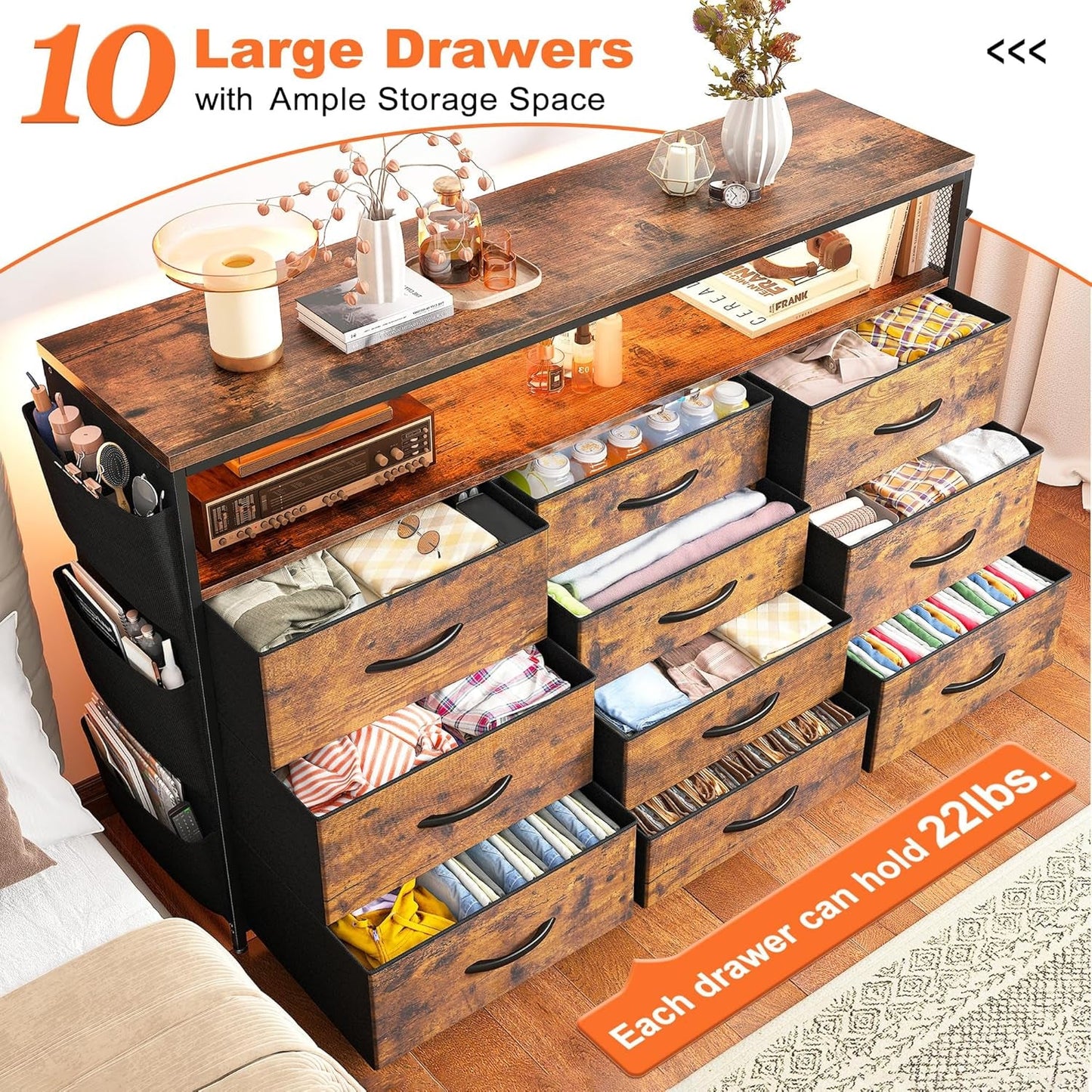 Dresser TV Stand with 10 Drawers for 55" TV Stand for Bedroom with LED Lights & Power Outlets Wide Dresser for Bedroom with Shelves & Side Pockets Sturdy Metal Frame & Wood Top, Rustic Brown-2