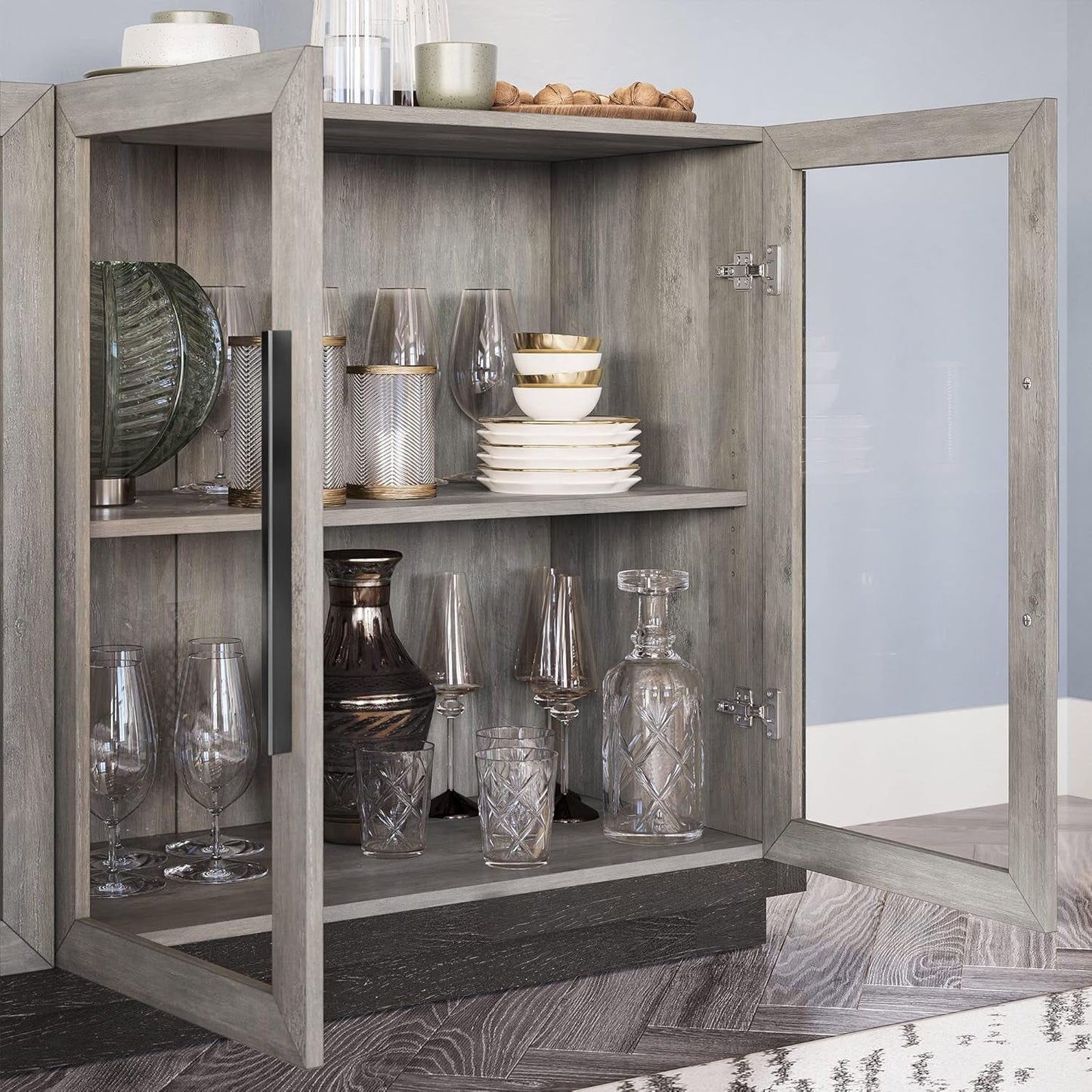 Sideboard Buffet Cabinet, Modern Wood Glass-Buffet-Sideboard with Storage, Console Table for Kitchen, Dining Room, Living Room, Hallway, or Entrance - Brixston (Grey)-4