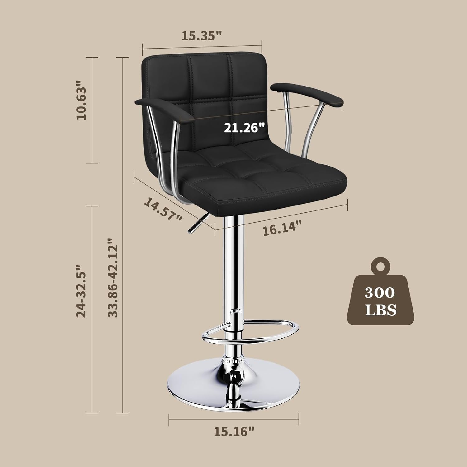 Bar Stools Set of 2,Armrest Adjustable Swivel Barstools with Back,Double Needle PU Leather Counter Height Bar Stools for Kitchen Island, Black-2