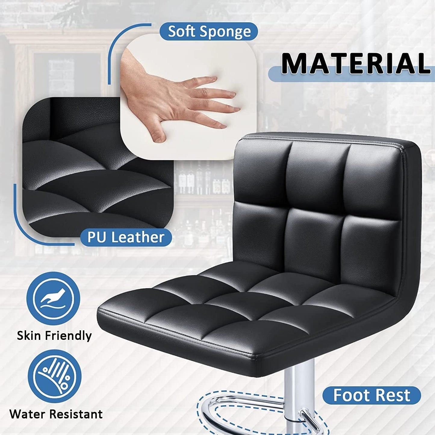 Black Leather Adjustable Swivel Bar Stools (Set 4)-4