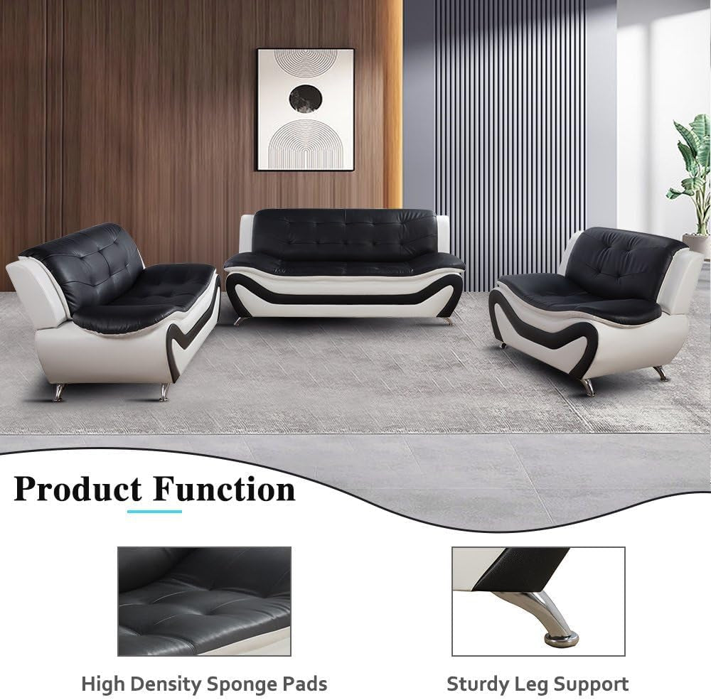Leather Sofa Set for Living Room 3 Piece Living Room Furniture Set Modern Couch Set with 3-Seater Sofa, Loveseat and Armchair (Black&White)-2