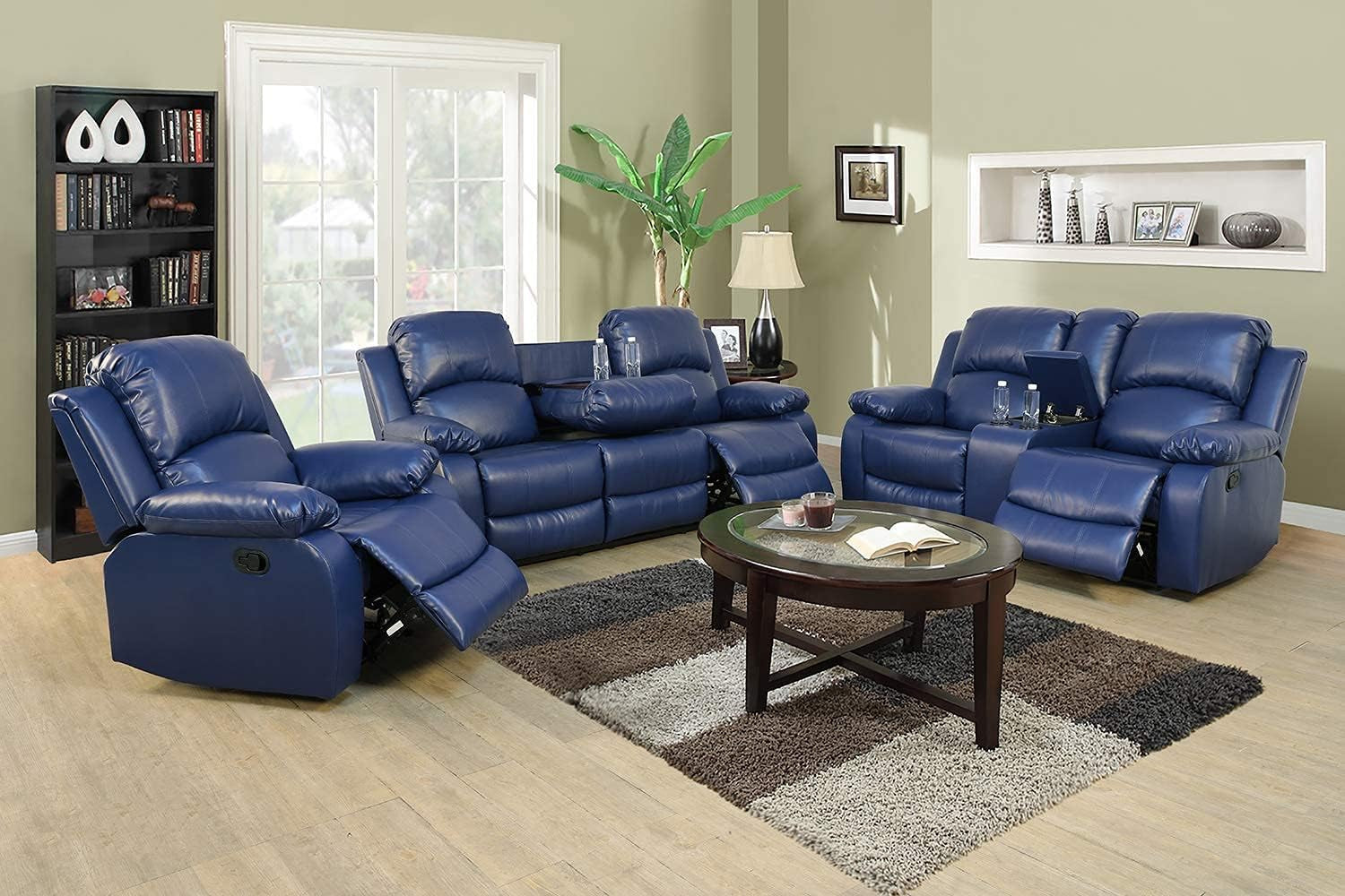 3 PCS Faux Leather Recliner Couch Set, Living Room Set, Sofa, Loveseat, Chair (Blue)-0