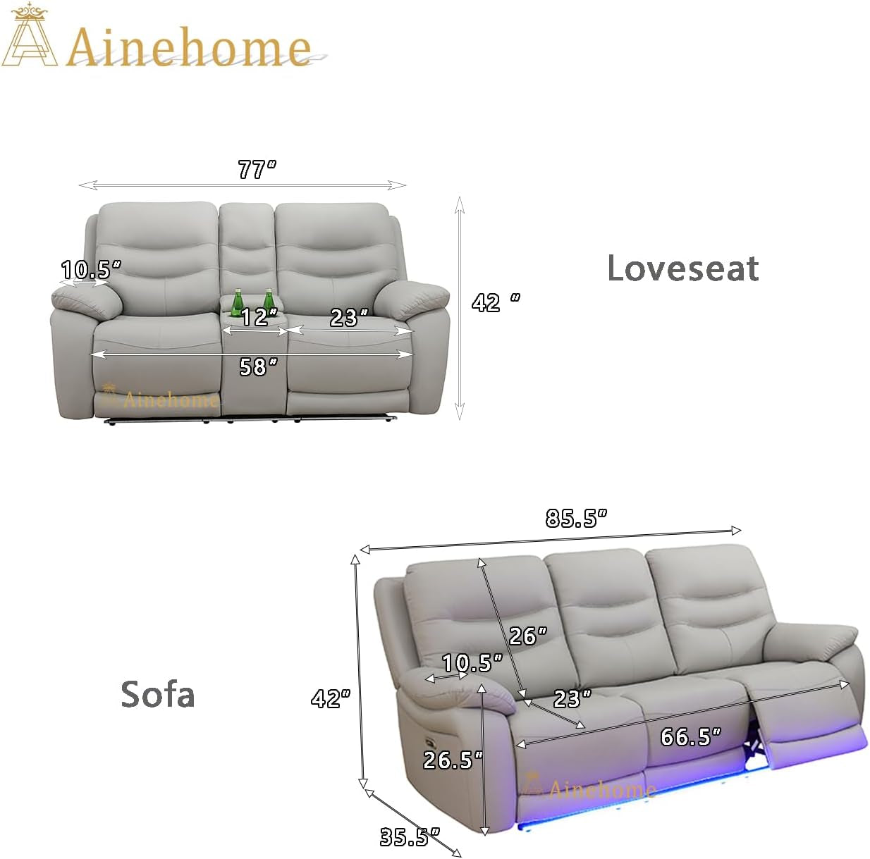 LED Power Recliner Sofa for Living Room Furniture Set, Leather Sectional Sofa Set, Reclining Sofa and Loveseat with USB Port/Storage Console/Cup Holders(Grey Sofa+Loveseat)-1
