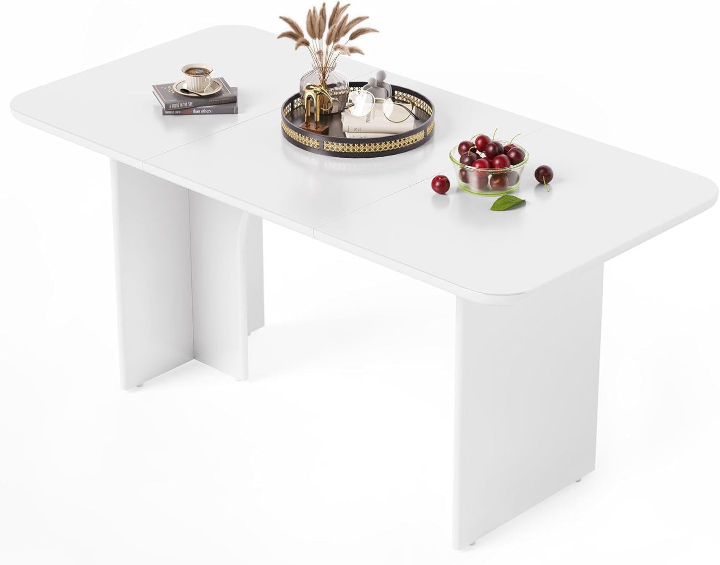 63-Inch Dining Table for 4-6 People, Large Kitchen Dinner Table with Arch Base Design for Kitchen Dining Room, Living Room, White-0