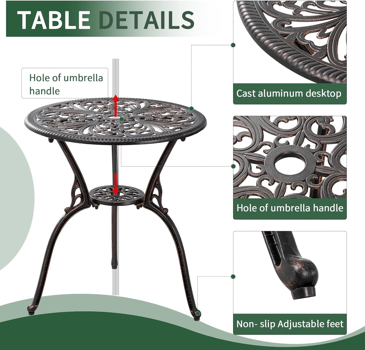 3 Piece Patio Set Outdoor Bistro Set,Cast Aluminum Bistro Table and Chairs Set of 2 with Umbrella Hole,All Weather Patio Bistro Sets for Front Porch Set Garden,Backyard(Brown)-2