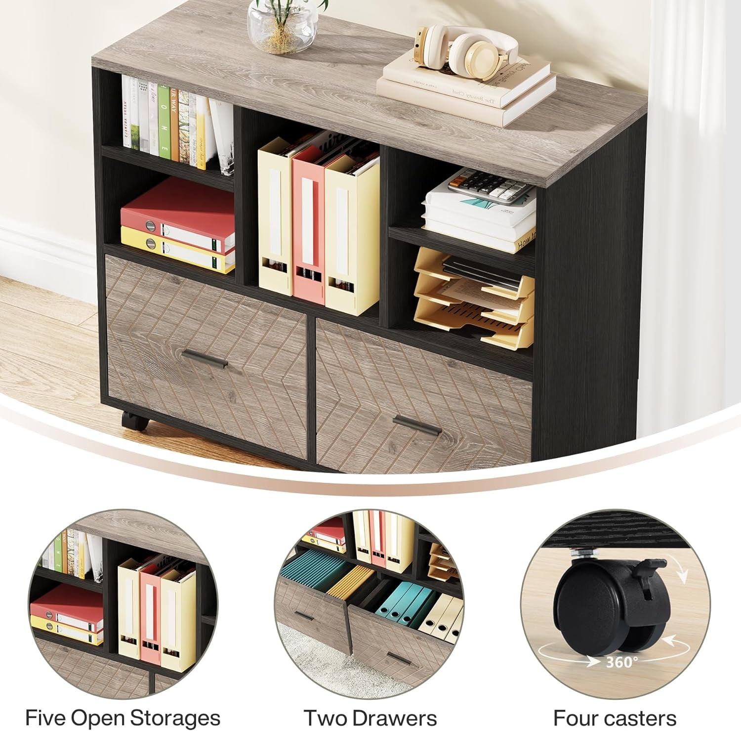 L-Shaped Executive Desk with Reversible File Cabinet, 63" Office Desk with Storage Drawers, L-Shaped Computer Desk with Drawer Cabinet for Hanging Letter Size Files (Gray & Black)-2