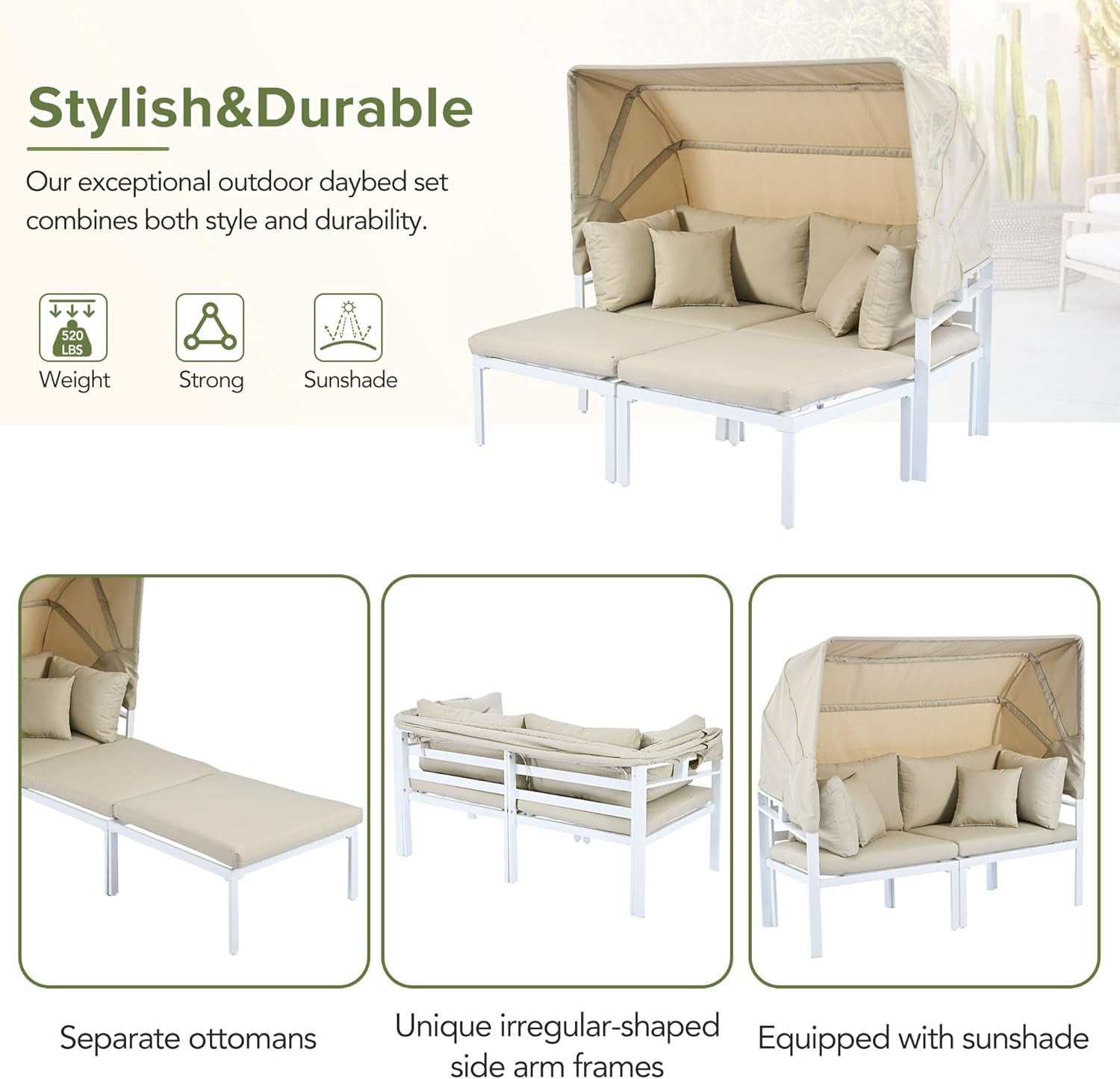 3-Piece Patio Daybed with Retractable Canopy and Cushions, Outdoor Metal Sectional Sofa Set Sun Lounger for Backyard, Porch, Poolside, Beige-4