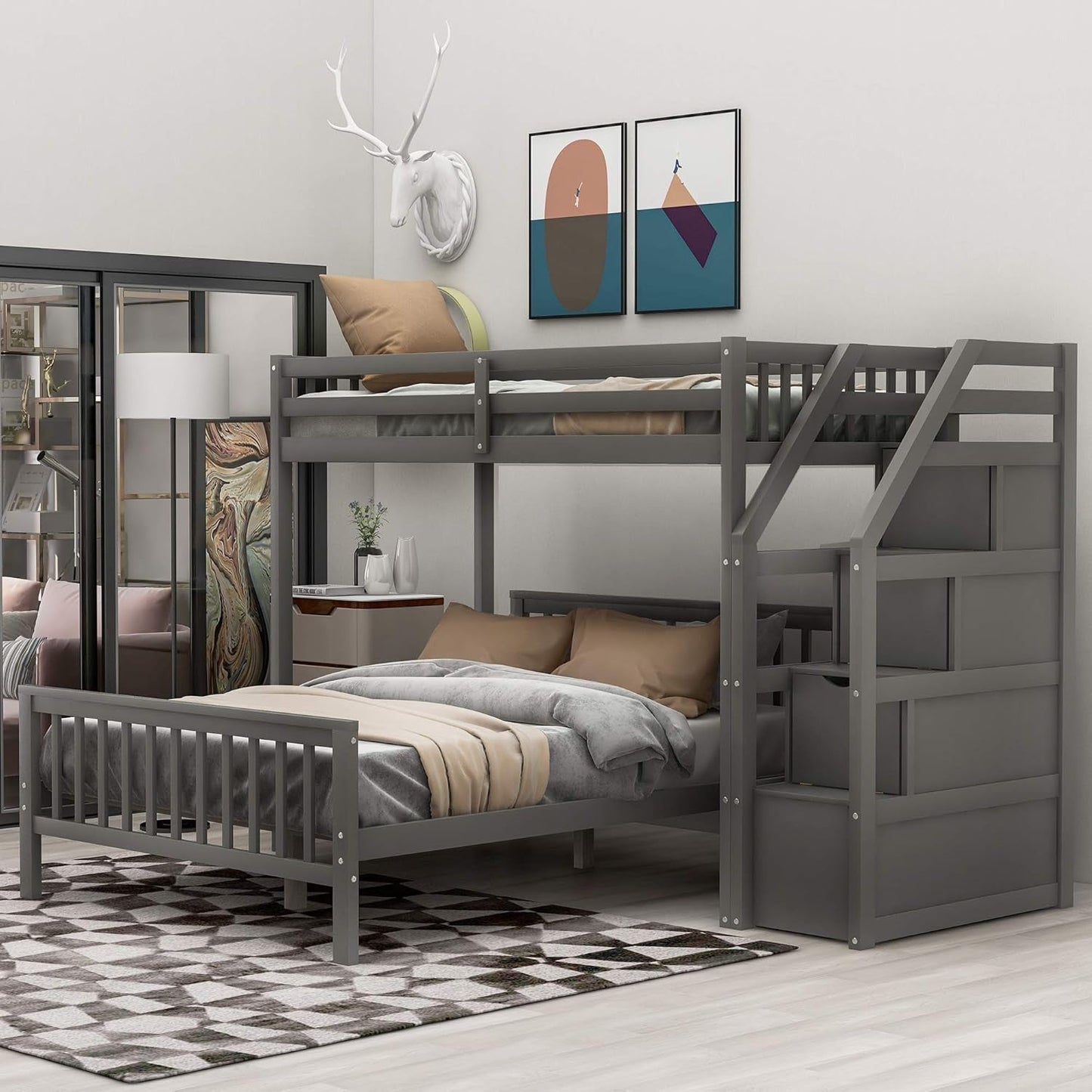 Twin over Full Bunk Bed with Stairs, Solid Wood Bunk Bed with Storage for Kids Teens Adults (Gray)-2