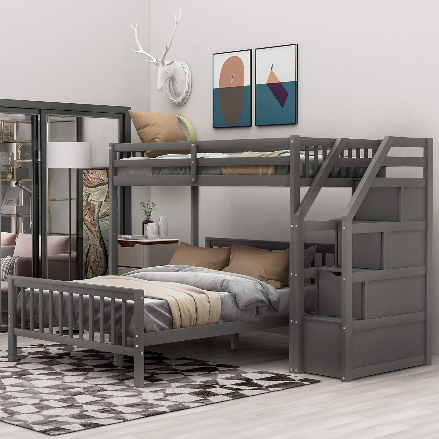 Twin over Full Bunk Bed with Stairs, Solid Wood Bunk Bed with Storage for Kids Teens Adults (Gray)-2