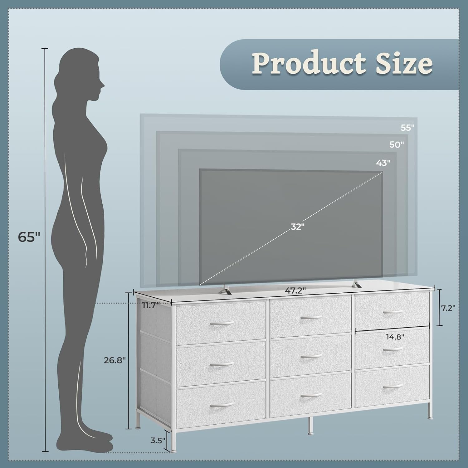9 Drawer Dresser, 47 Inch Dresser TV Stand for 50, 55 Inch TV, Entertainment Center with Drawers, Fabric Dresser Chest of Drawer for Bedroom, Closet, PU Leather Surface, White-2