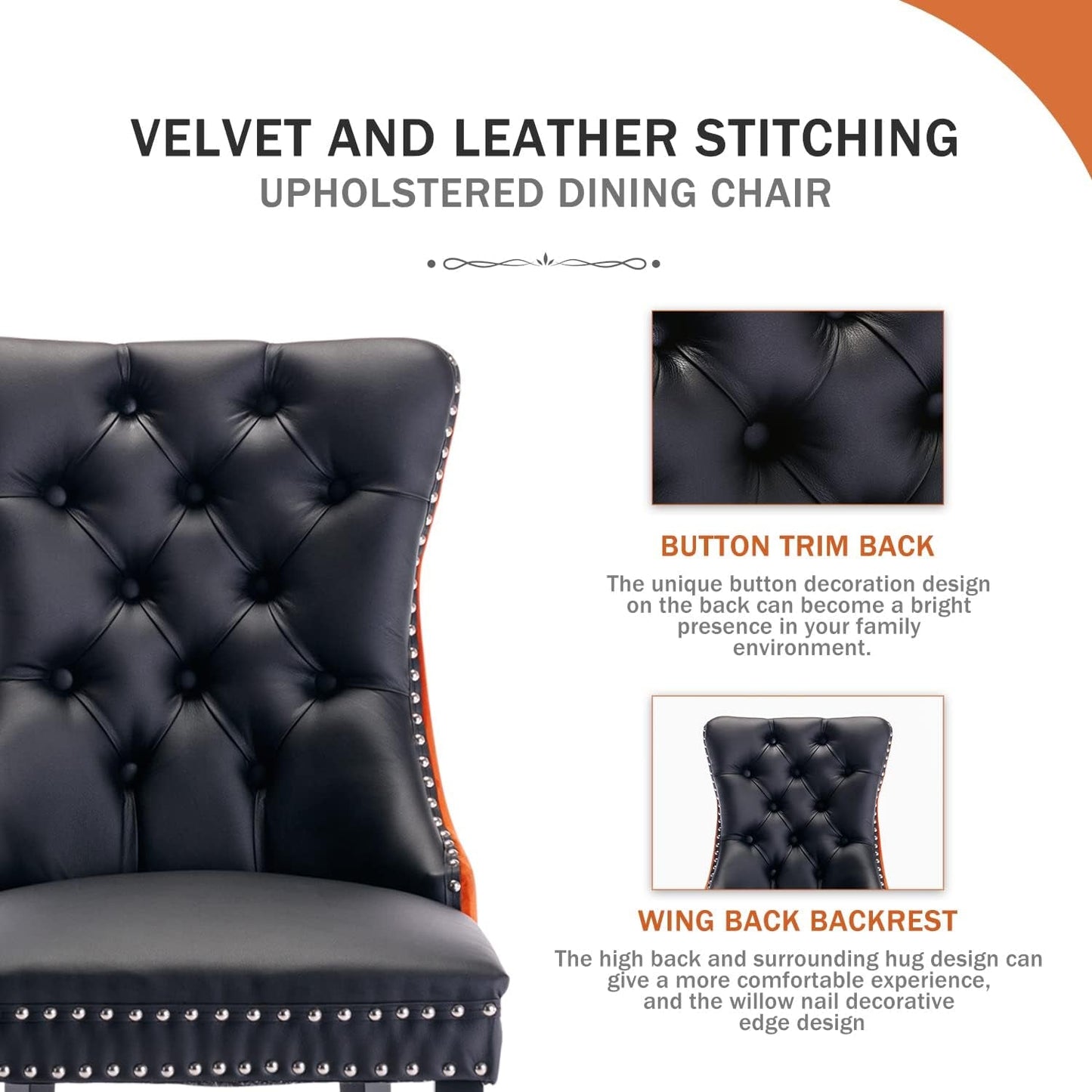 PU Leather Dining Chairs Set of 4, Upholstered Dining Room Chairs with Ring Pull Trim & Button Back, Luxury Tufted Dining Chairs for Living Room, Bedroom, Kitchen (Black Pu&Orange Velvet)-2