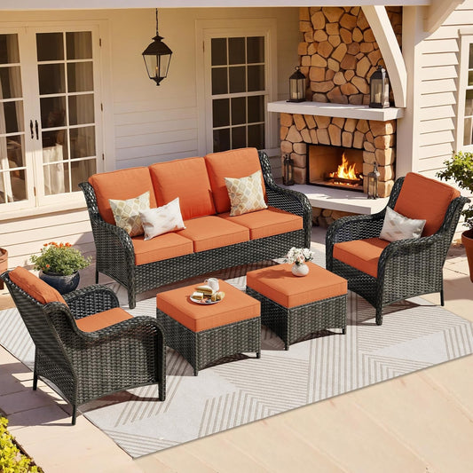 5 Pieces Patio Furniture Set, Outdoor Wicker Sofa Couch with Ottomans Comfy Cushions, All Weather High Back Conversation Set for Porch Deck, Brown Rattan, Orange Red-0