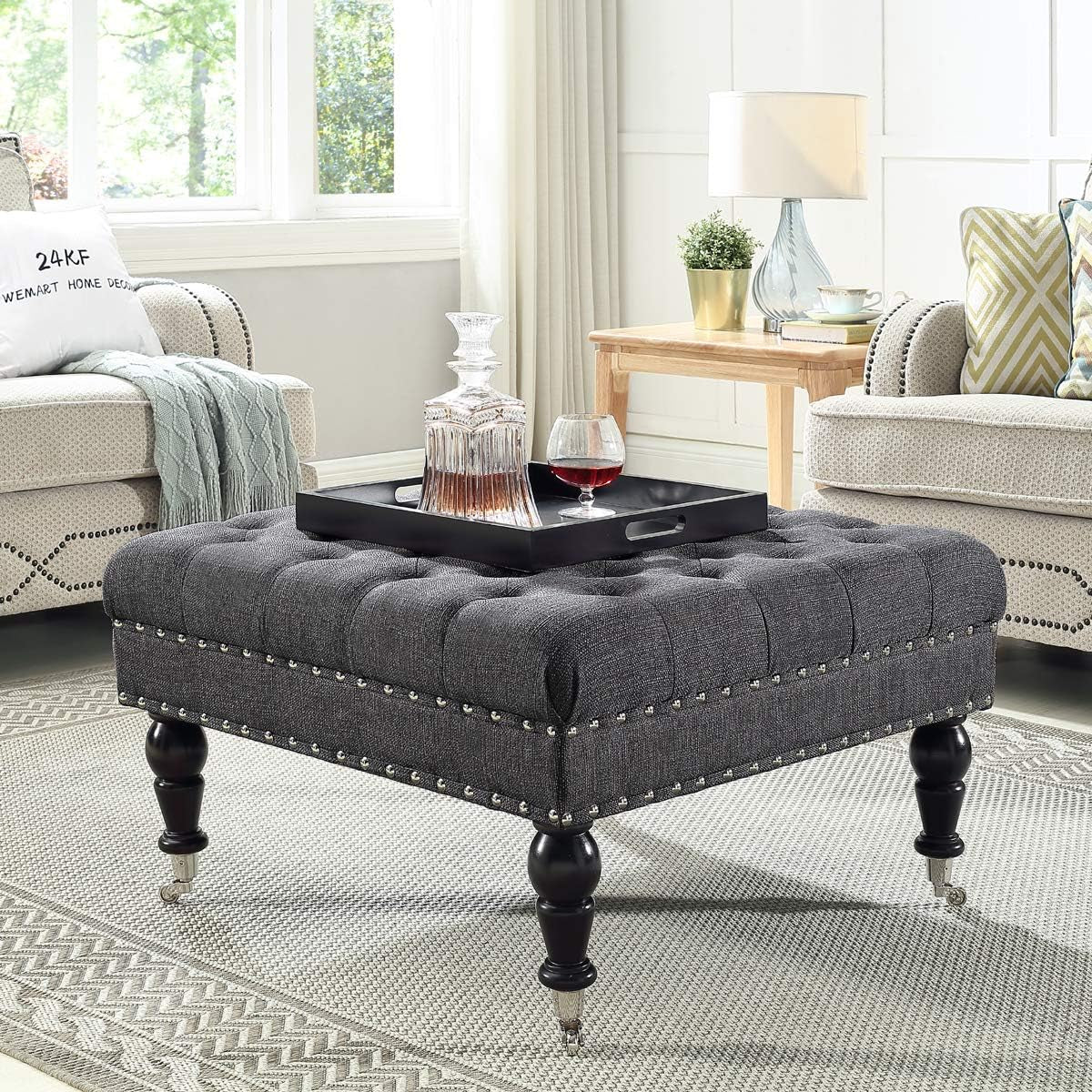 Charcoal Gray Tufted Ottoman with Rolling Wheels-0