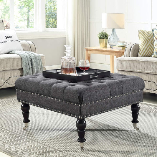 Charcoal Gray Tufted Ottoman with Rolling Wheels-0