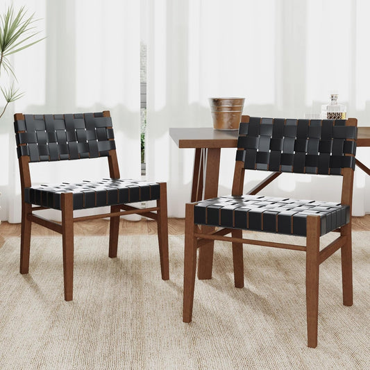 Set of 2 Indoor Rubberwood Frame Armless Dining Chairs, Seating and Backrest with Rope Weave by Pu/Faux Leather, for Dining Room Kitchen, Restaurant, Party, Walnut and Black-0