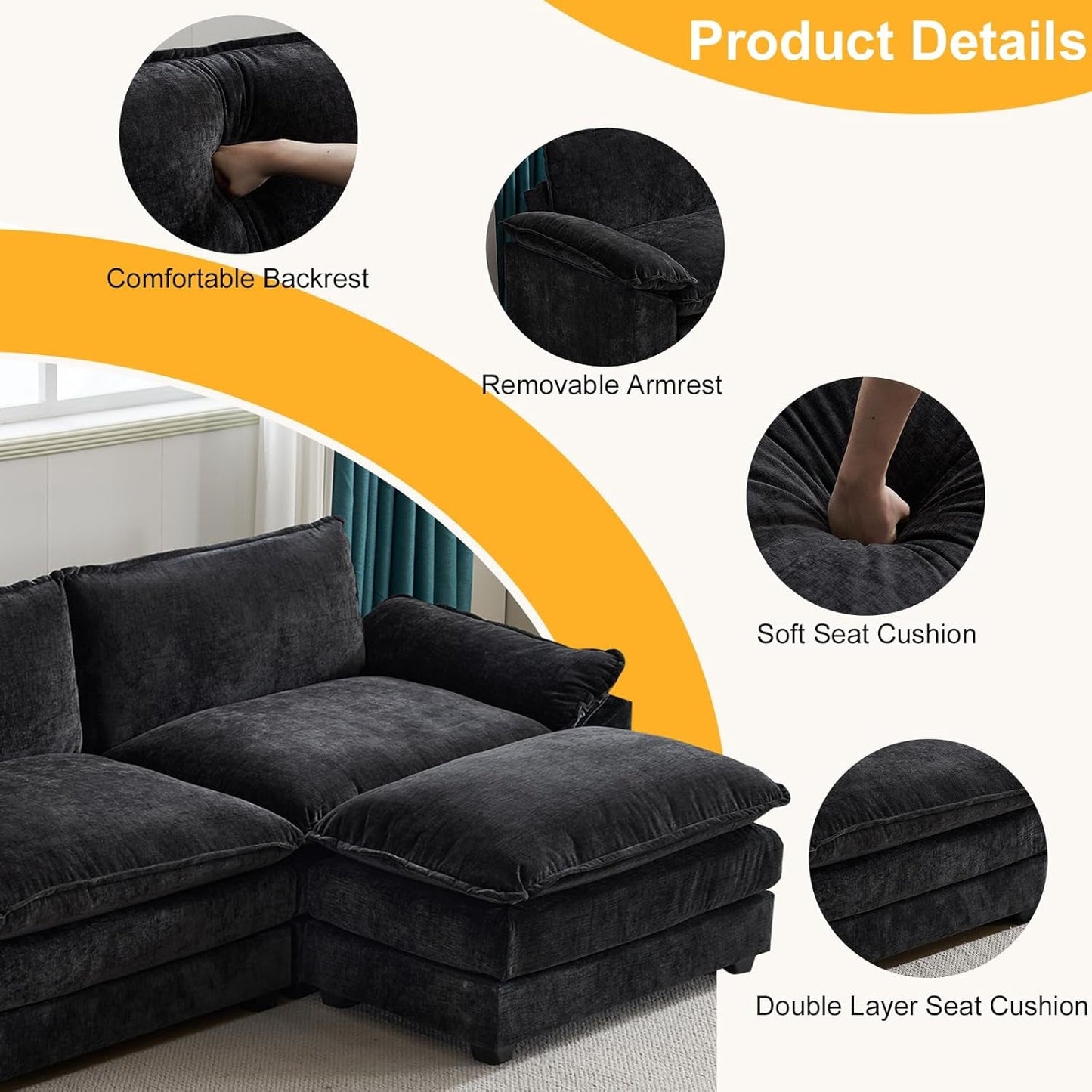Sectional Sofa Modular Deep Seat Sofa Couch with Ottoman, Chenille Sofa Sleeper Comfy Upholstered Furniture for Living Room, Apartment, Studio, Office, (3-Seat & 1-Ottoman, Black)-2