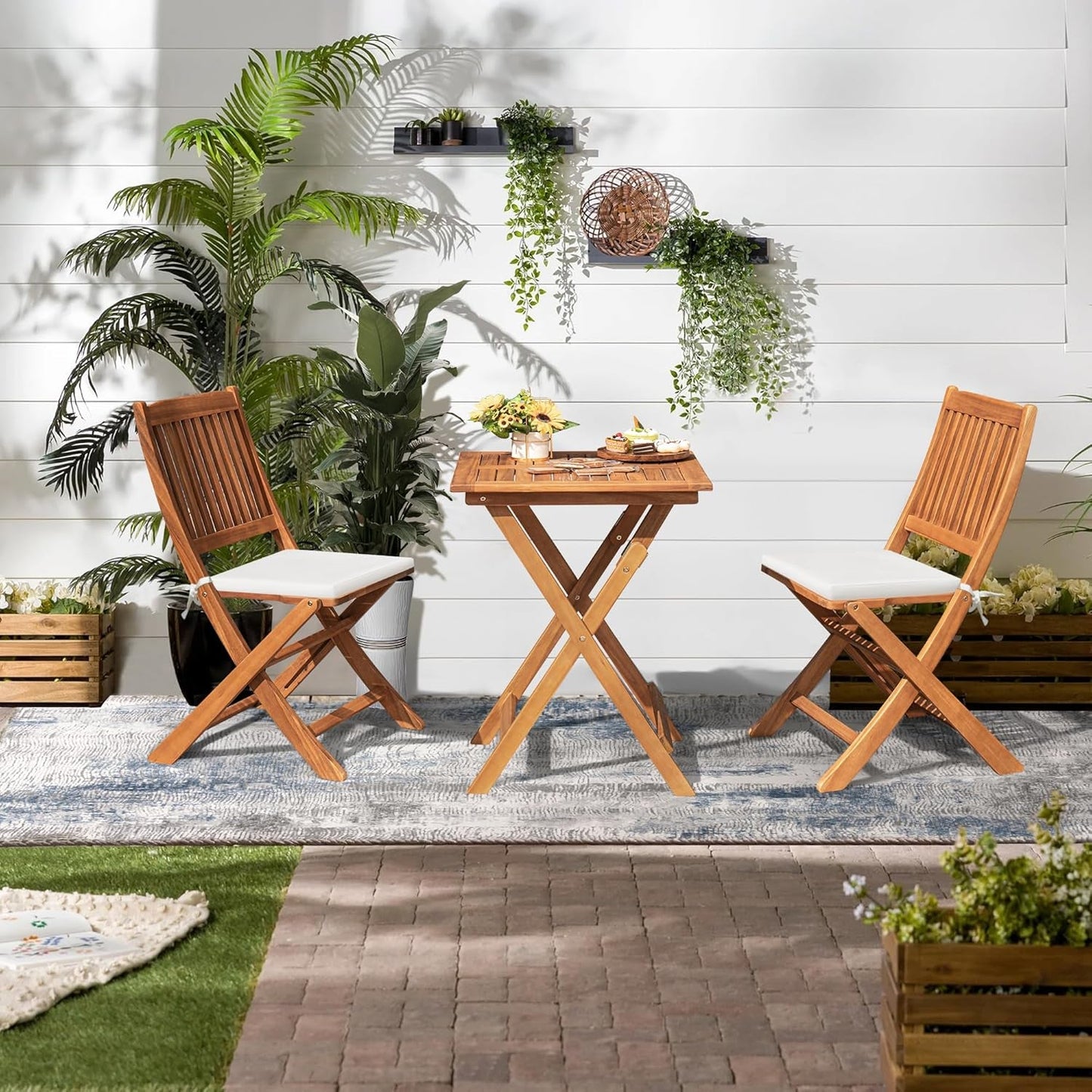 Outdoor 3 Piece Folding Patio Bistro Set Acacia Wood Bistro Table and Chairs Set of 2 for Garden Poolside Backyard Balcony Porch Deck-2