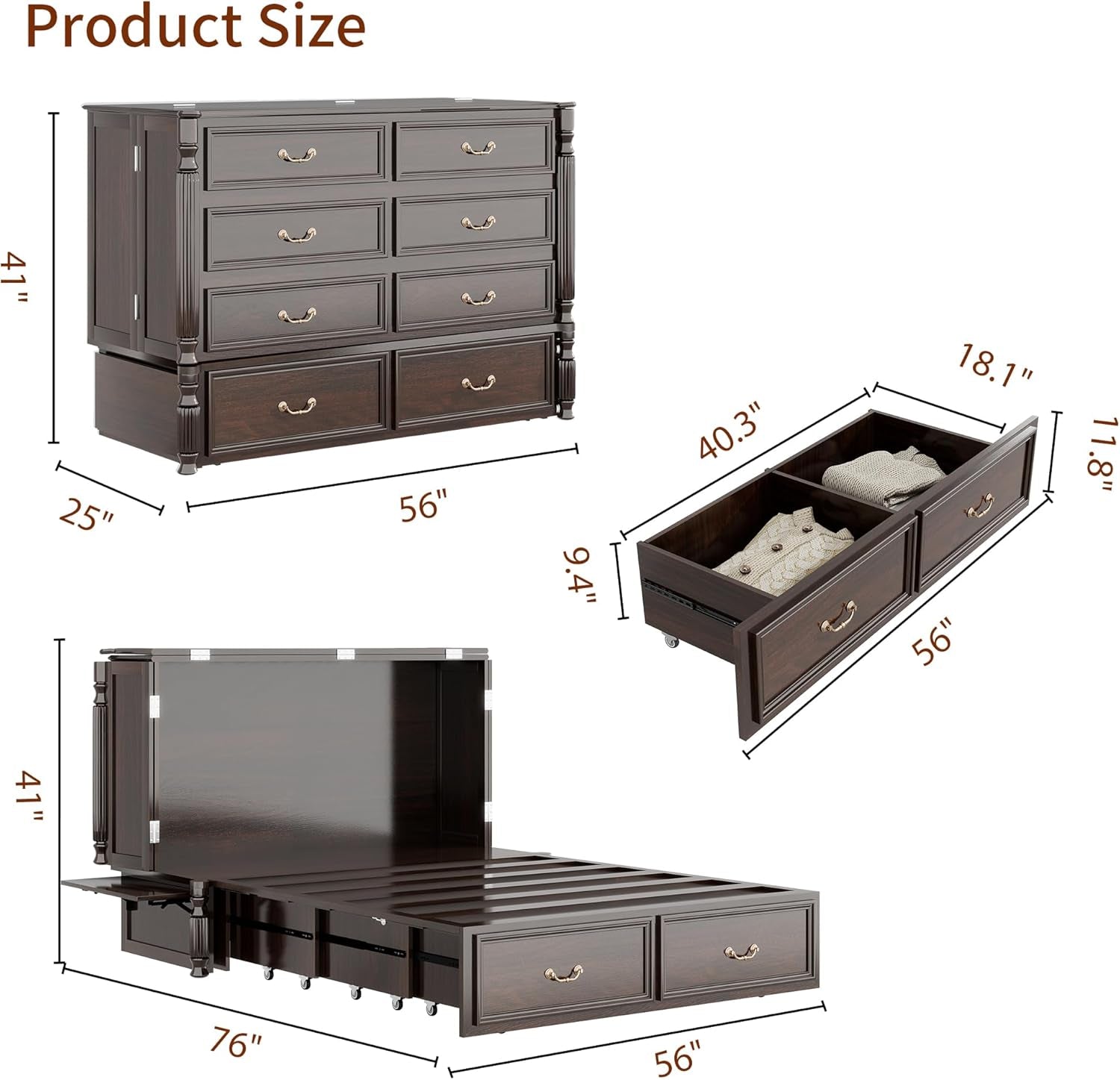 Murphy Bed Full, Solid Wood Cabinet with USB Ports-2