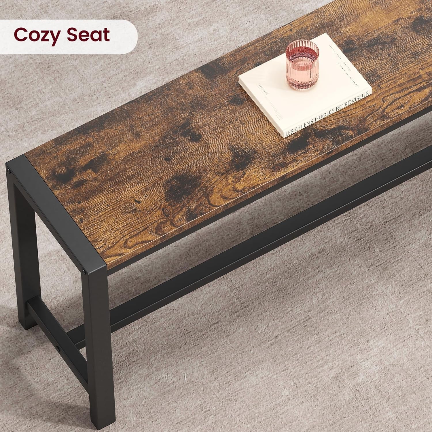 Dining Table Set for 4, Kitchen Table with Benches, Rectangular Dining Room Table Set with 2 Metal Wood Benches, 3 Piece Dining Table Set for Small Space, Apartment, Dinette, Retro Brown-3