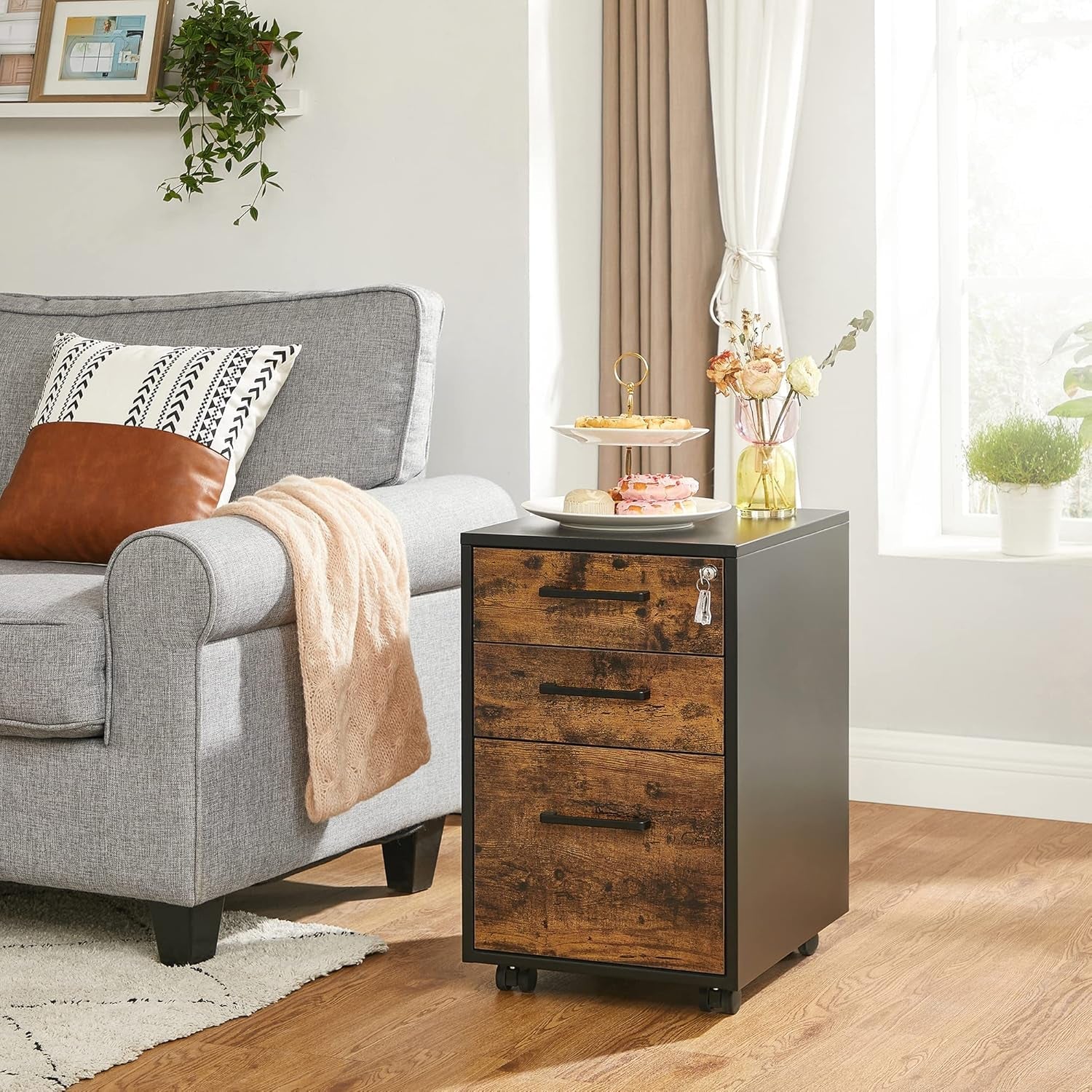 File Cabinet, Pre-Assembled except Wheels and Handles, Office Filing Cabinet with Lock, for A4, Legal, Letter Sized Documents, 17.7 X 14.4 X 23.6 Inches, Rustic Brown and Black UOFC110B01V1-3