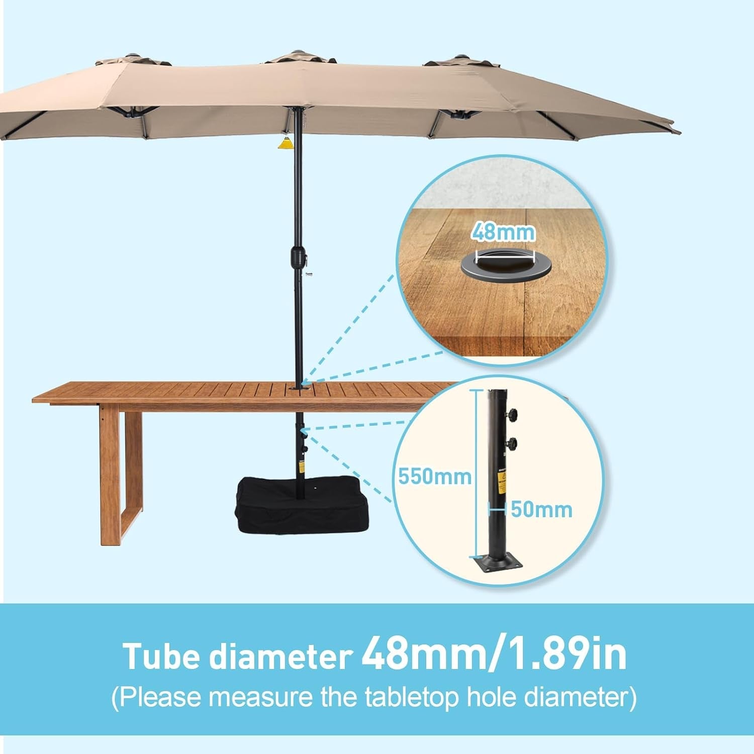 15Ft Patio Umbrella with Base Included, Double Sided Outdoor Large Rectangular Patio Umbrella with Crank Handle, for Lawn Garden, Khaki-2