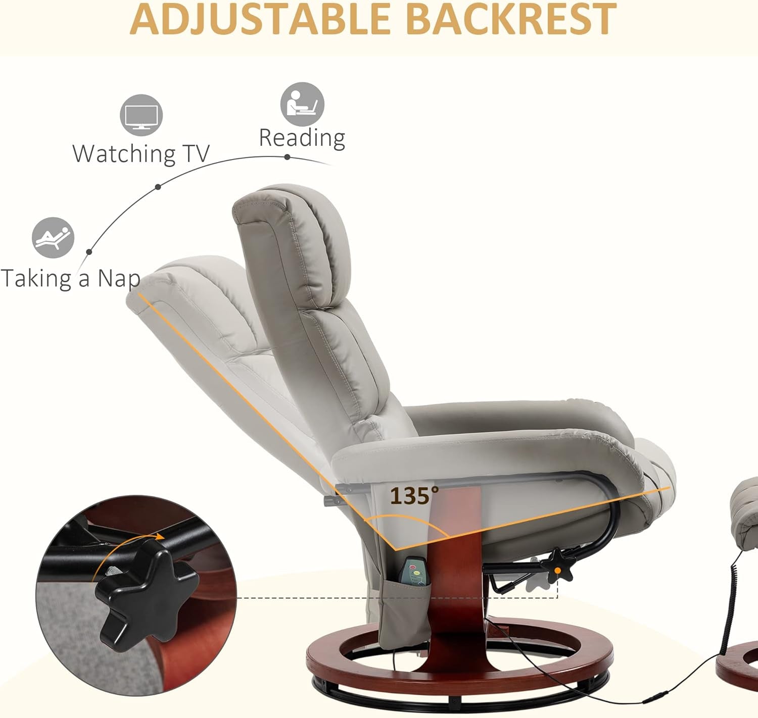 Massage Recliner Chair with Ottoman, Swivel Recliner and Footrest, Faux Leather Reclining Chair with Remote Control and Side Pocket, Gray-4