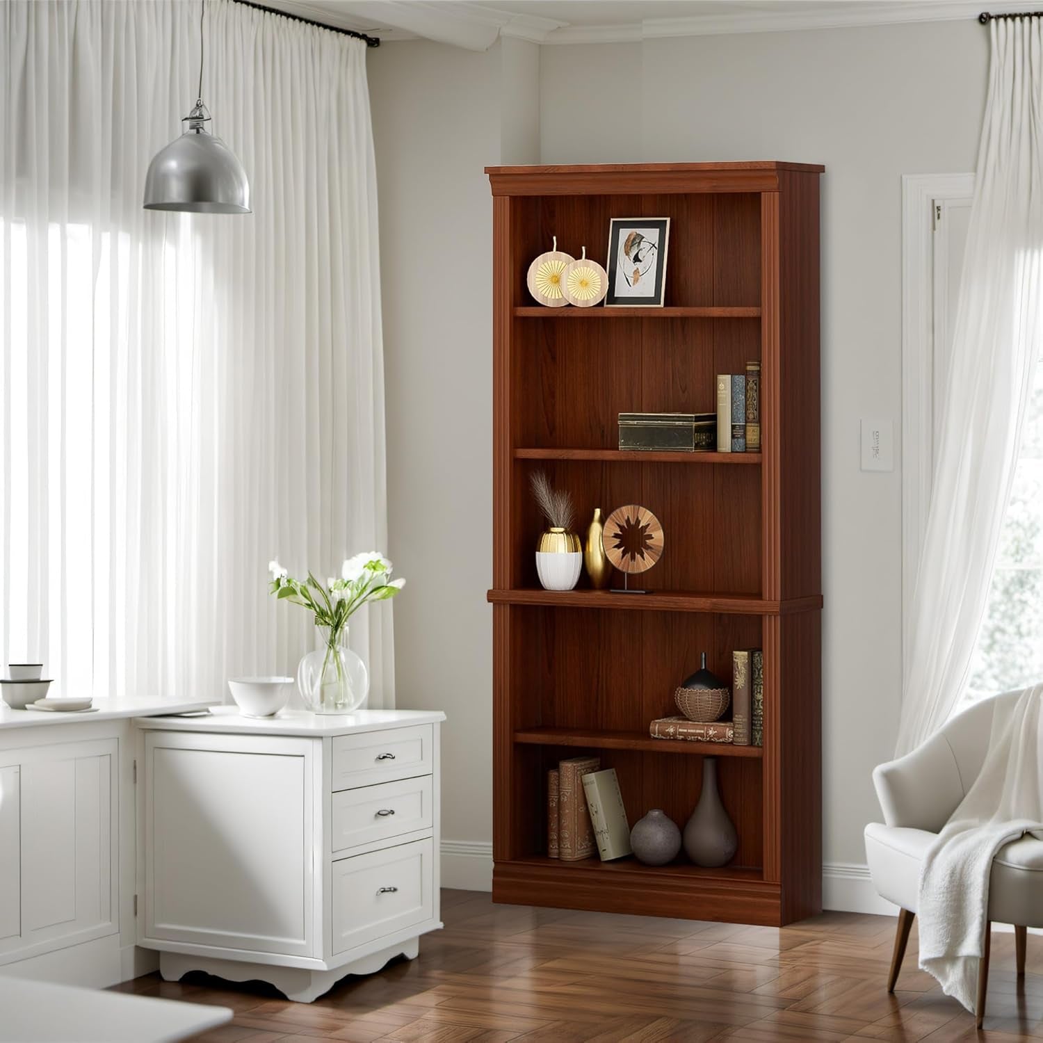 Bookcase Bookshelves, 5-Shelf Tall Bookcase 72" Wood Open Display Floor Bookshelf, Large Storage Organizer for Library, Bedroom, Living Room (Cherry)-3