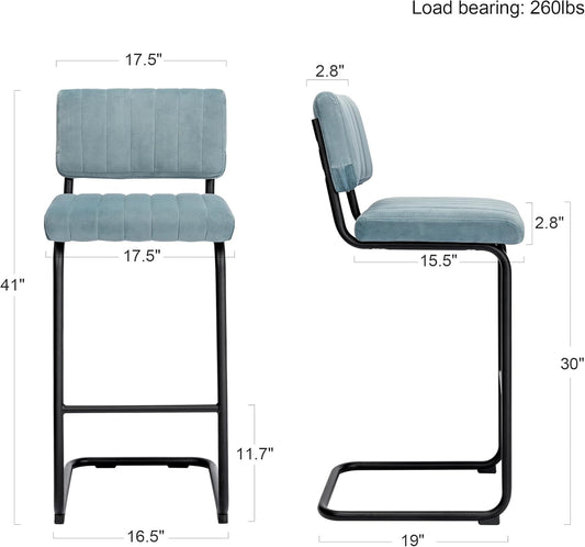 30'' Modern Bar Stools with Tufted Backs, Upholstered Velvet Fabric Bar Height Stools Chairs, Mid Century Cantilever Barstools for Kitchen Island Pub Set of 2-1
