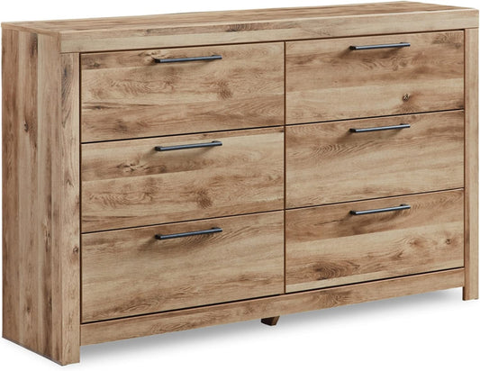 Hyanna Mid-Century Modern 6 Drawer Dresser, Light Brown & Beige-0