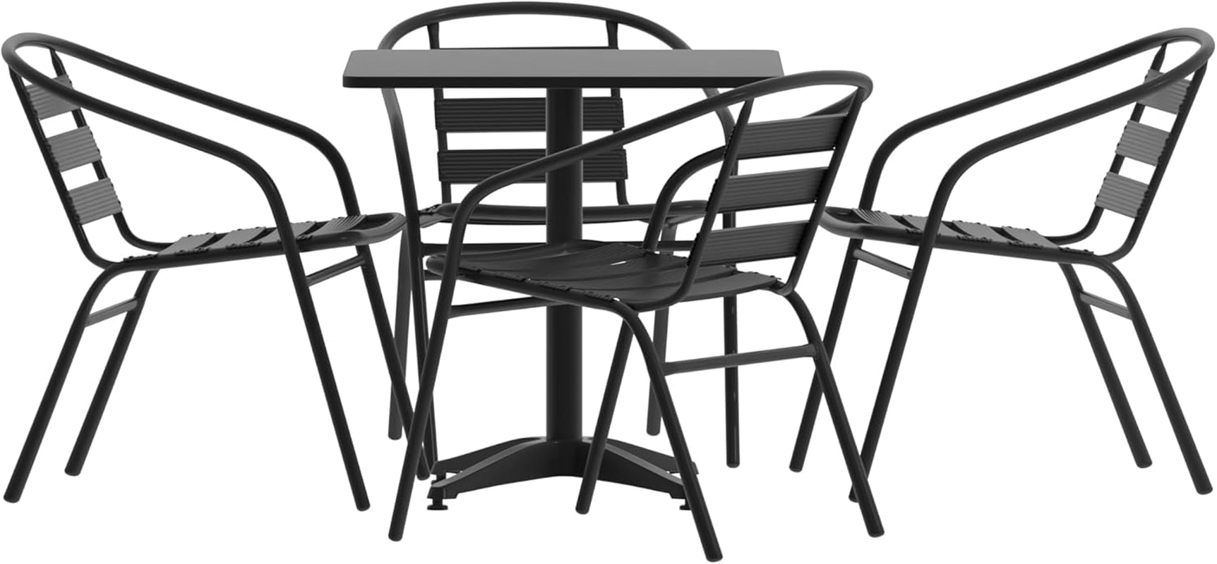 Rhea 27.5" Square Glass Metal Table with 4 Slat Back Chairs - Black - 5 Piece Patio Set - All-Weather for Indoor/Outdoor Use-1