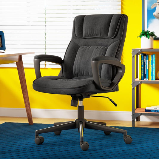 Hannah Executive Home Office Desk Chair, Ergonomic Mid-Back with Lumbar Support, Firm Seat Cushion, Layered Body Pillows, Padded Armrests, Swivel Base, Easy Assembly, Microfiber, Charcoal Grey-1
