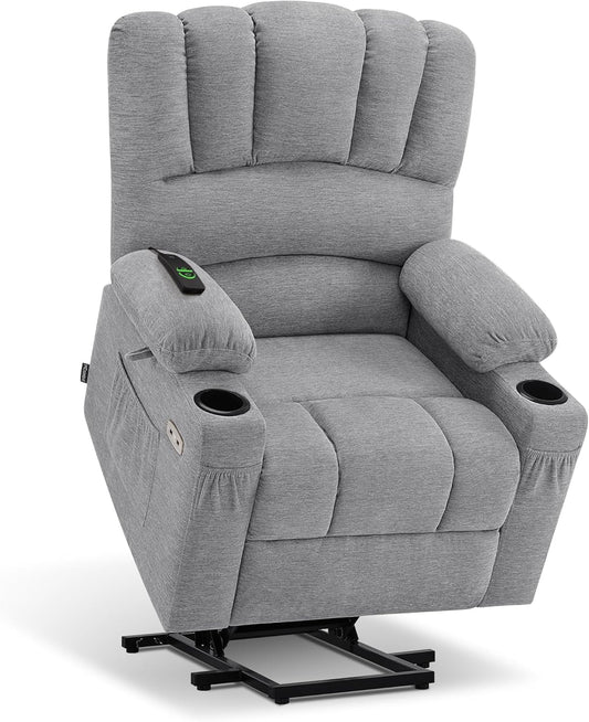 Power Lift Recliner Chair Sofa with Massage and Heat for Elderly People, Cup Holders, USB Ports, Side Pockets, Fabric 7095 (Medium-Regular, Grey)-0