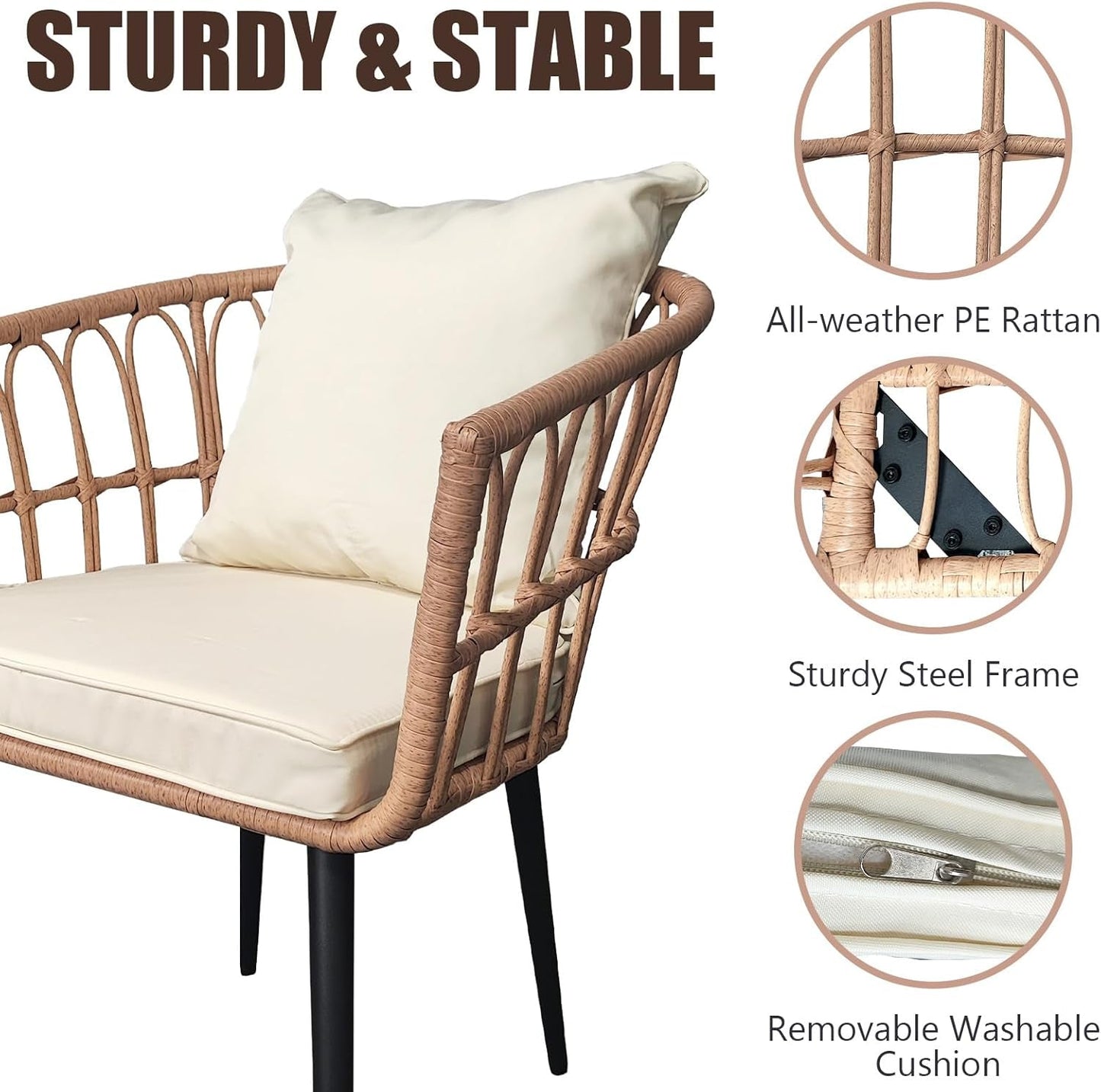 3 Piece Patio Wicker Bistro Set, All-Weather Outdoor Balcony Furniture Set with Tempered Glass Table and Cushioned Chairs for Balcony, Porch, or Backyard, Beige-2