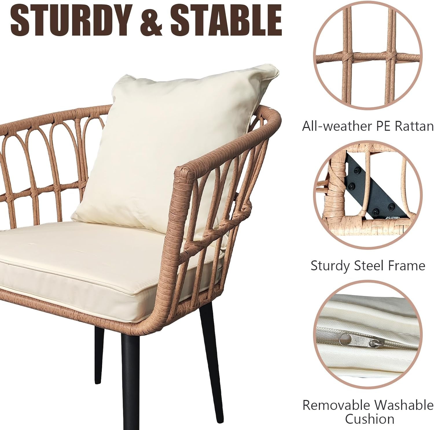 3 Piece Patio Wicker Bistro Set, All-Weather Outdoor Balcony Furniture Set with Tempered Glass Table and Cushioned Chairs for Balcony, Porch, or Backyard, Beige-2