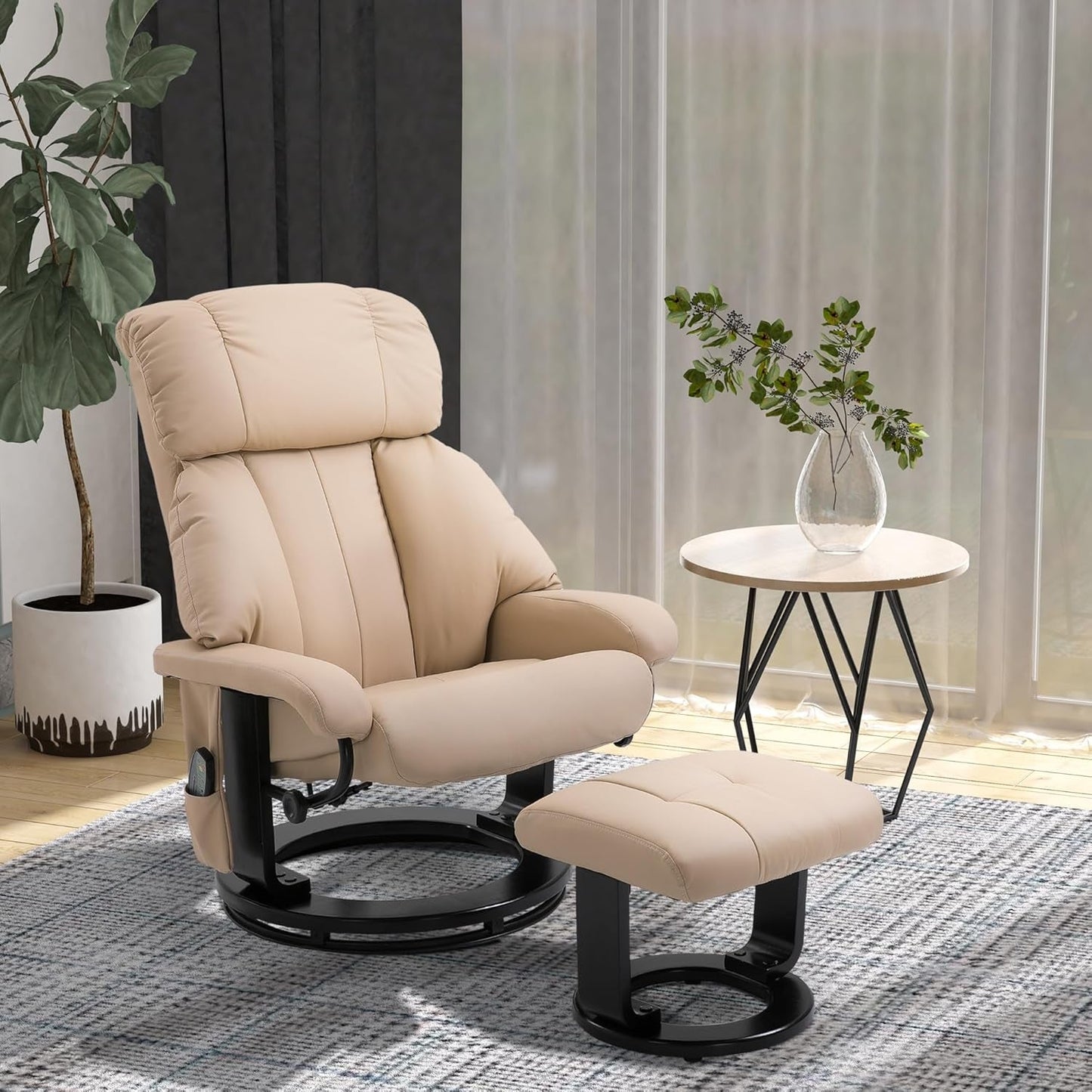 Massage Recliner Chair with Ottoman, 360° Swivel Recliner and Footstool, 10 Point Vibration, PU Leather Reclining Chair with Side Pocket and Remote Control, Beige-1