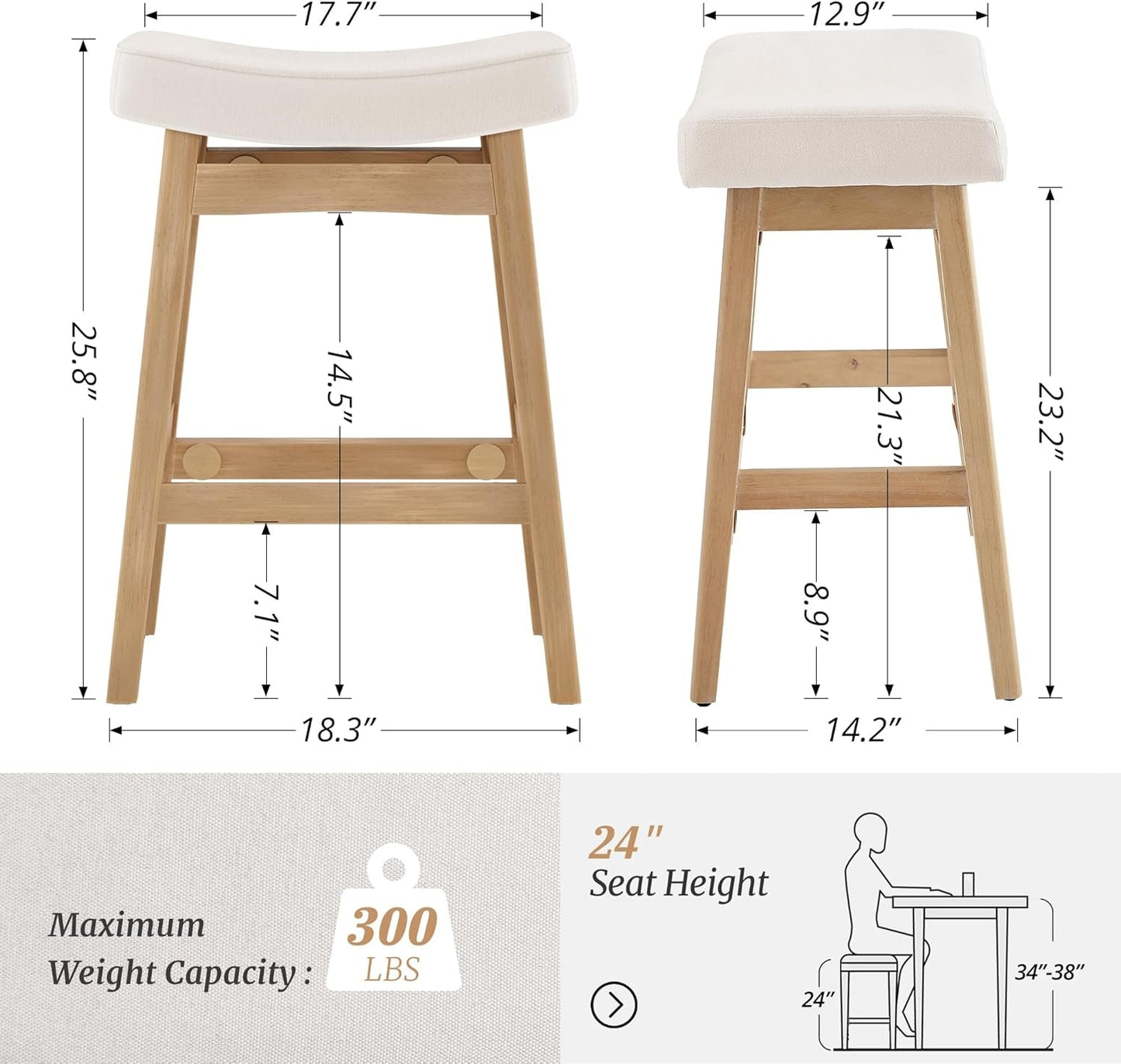 Bar Stools Set of 3, Barstools with Sturdy Wood Legs, Saddle Seat Counter Height Bar Stools for Kitchen Counter, Bar, Dining, 24 Inch Farmhouse Counter Stools, Beige-1