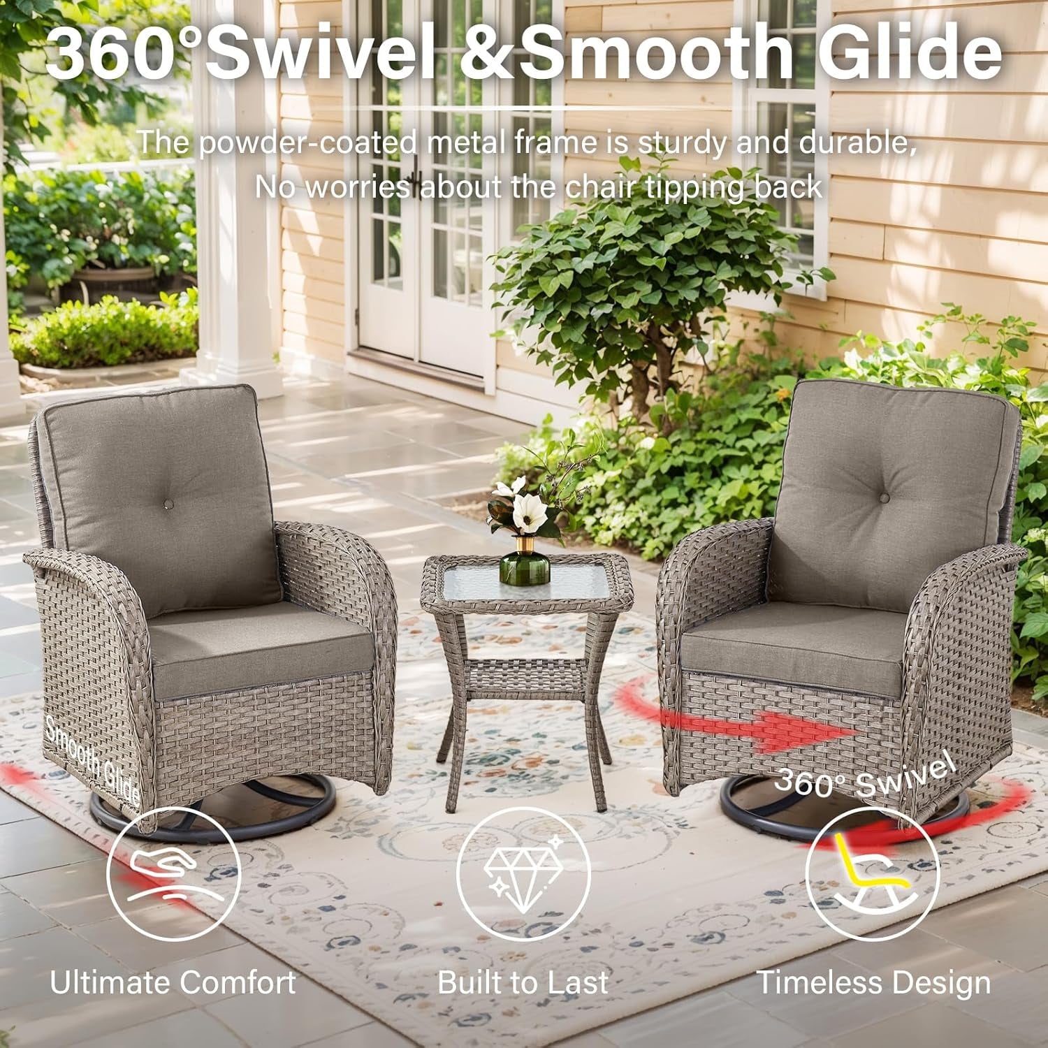 Swivel Patio Chairs Wicker Set - Outdoor Swivel Rocker Chair with Side Table, 3 Piece Patio Glider Chairs Furniture Set with Water-Resistant Cushions for Deck Porch Sunroom Gray-1